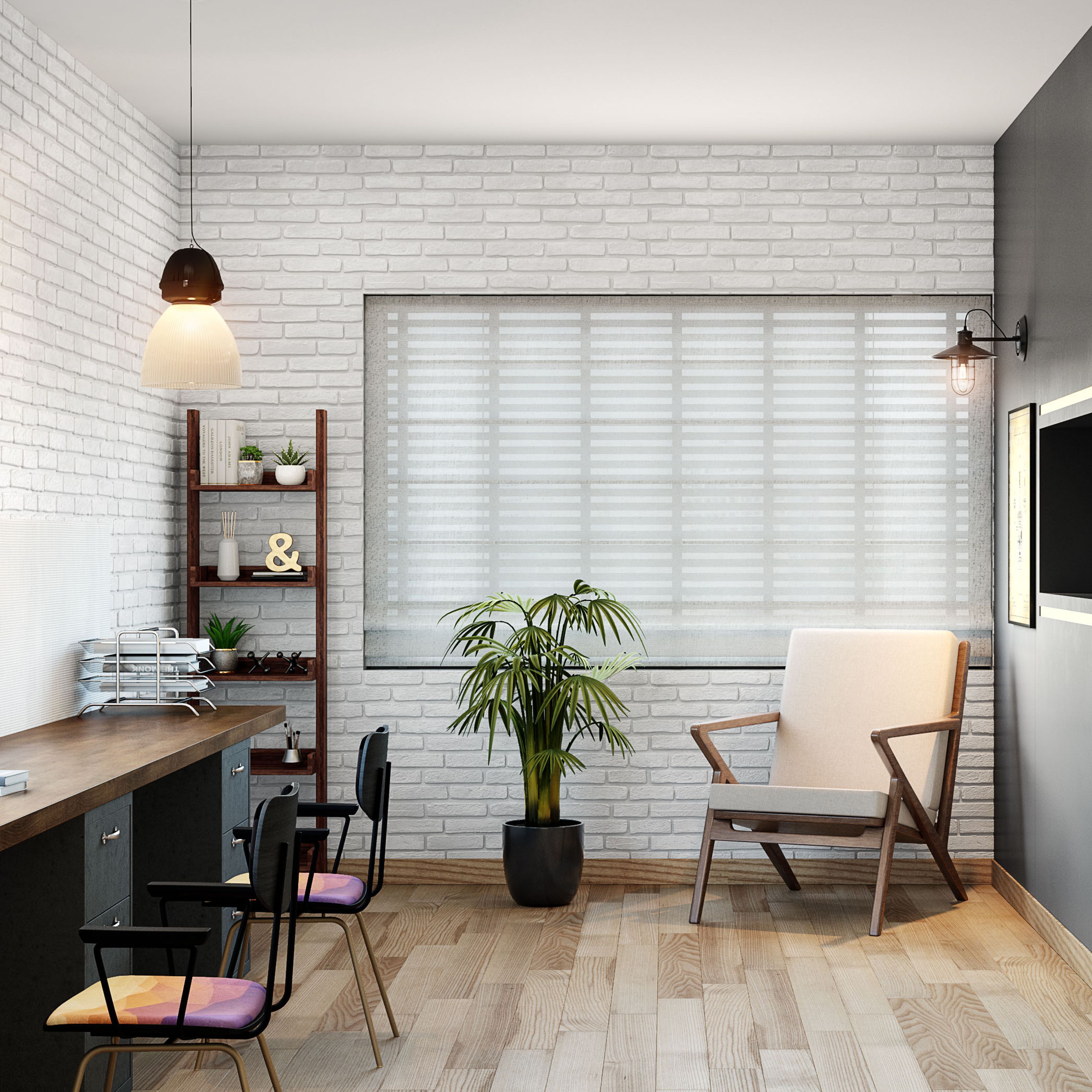 White Brick Patterned Wallpaper Design For Home Offices - Livspace