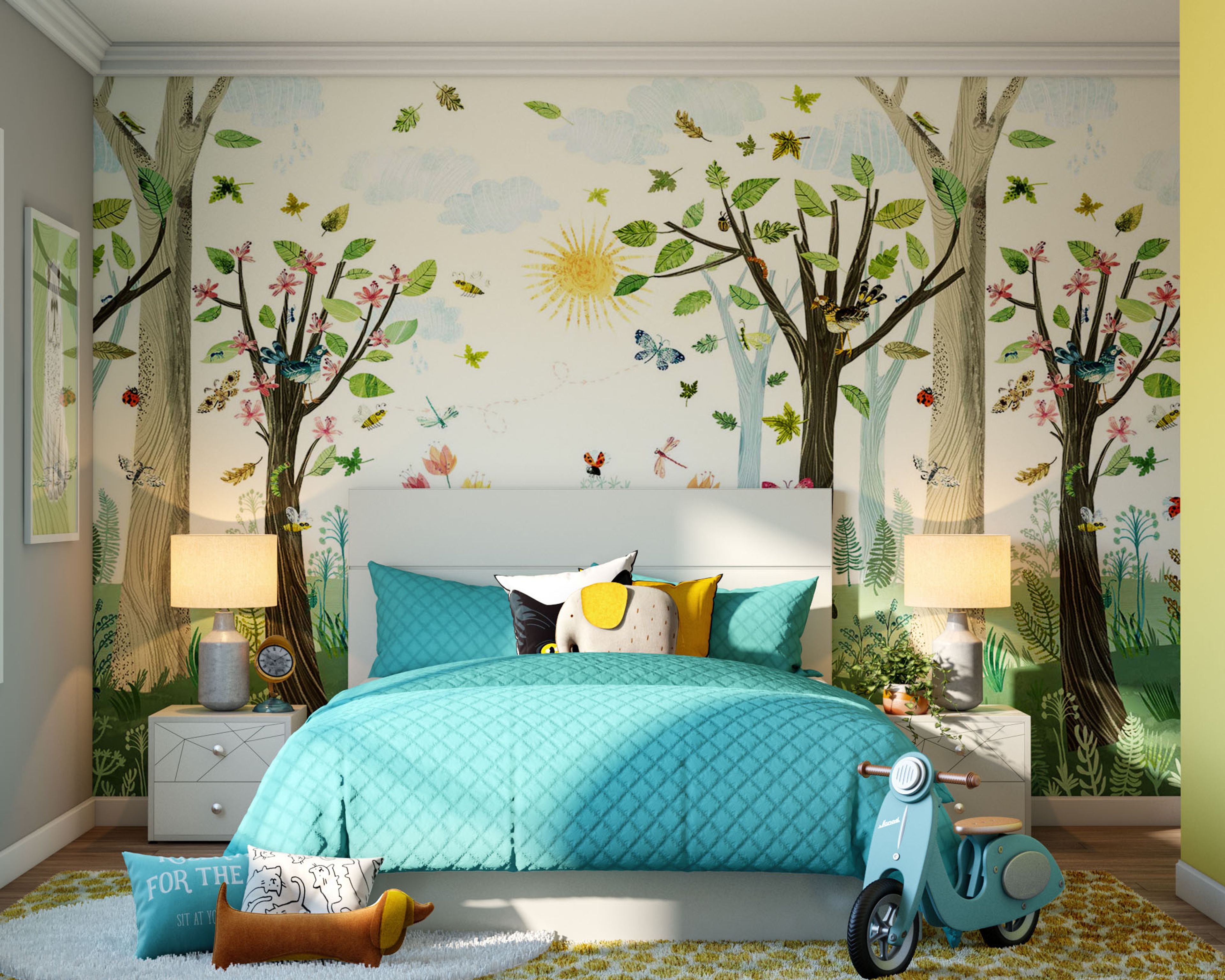 Floral Multicoloured Kids Bedroom Wallpaper Design - Livspace