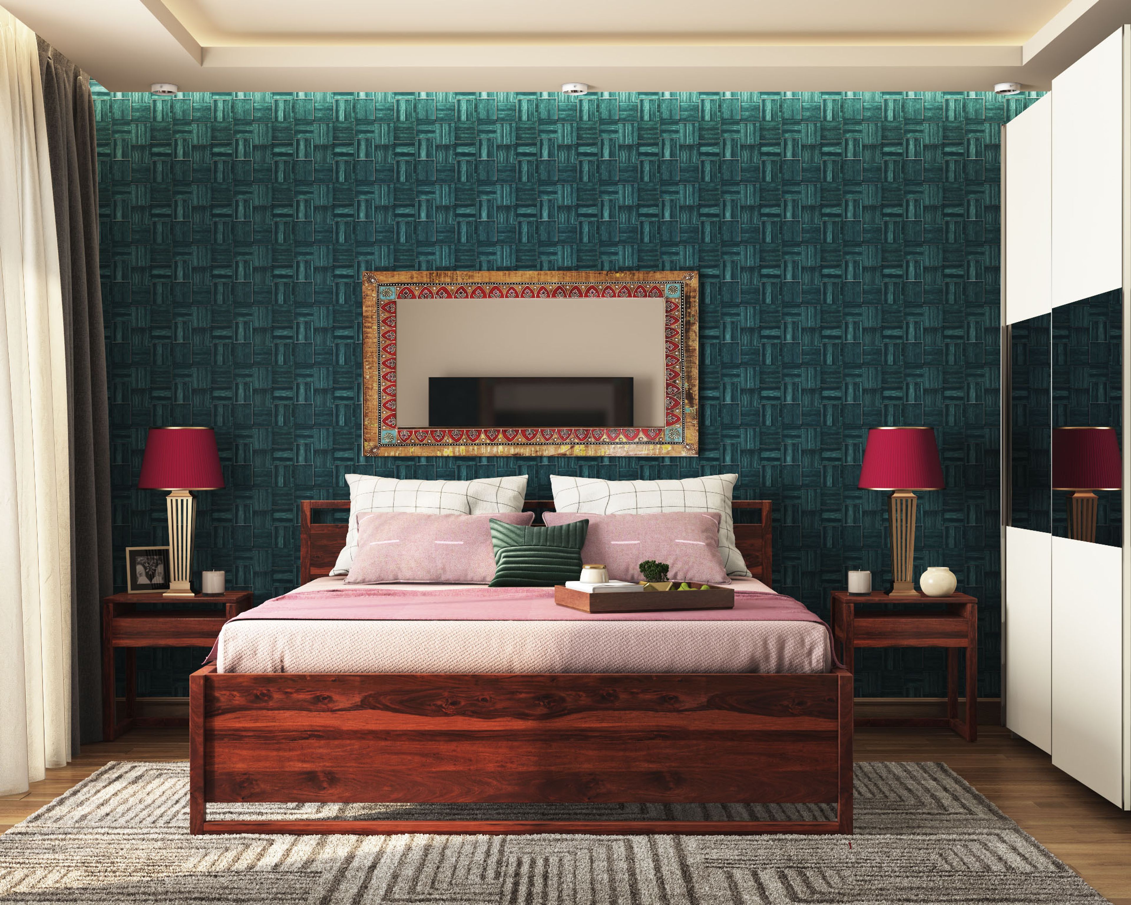 Green Geometric Bedroom Wallpaper Design - Livspace