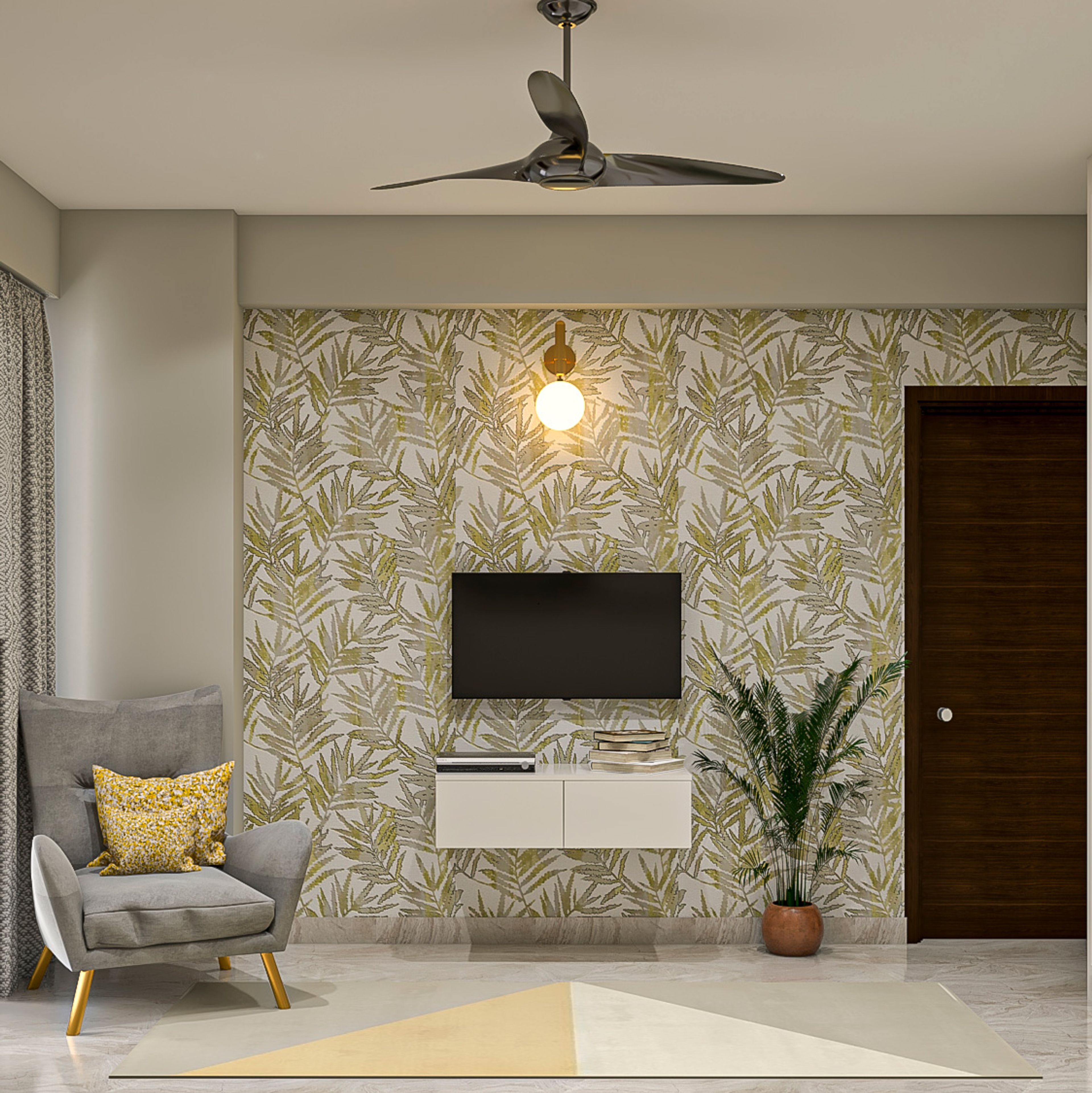 Vintage Green Tropical Bedroom Wallpaper Design