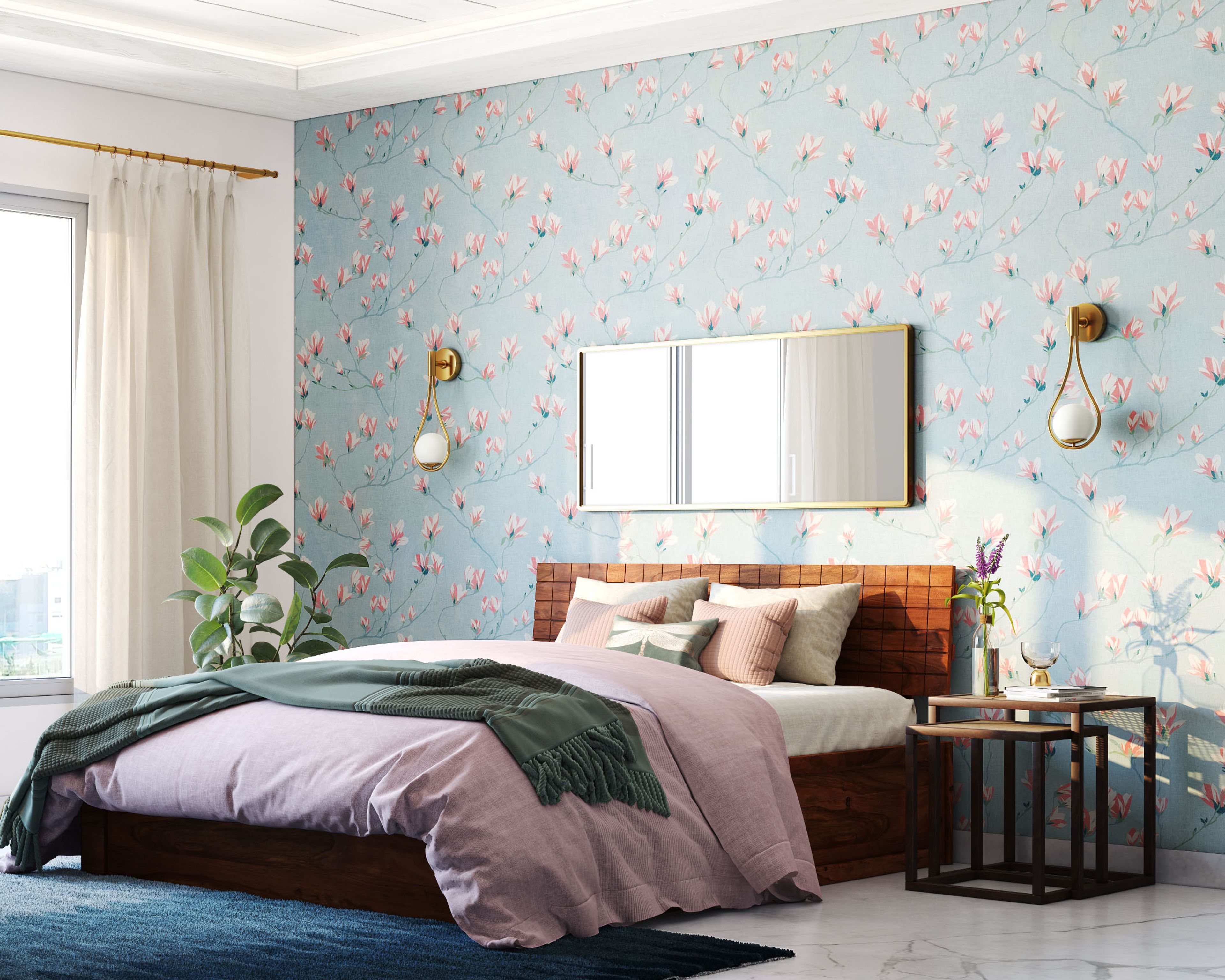 Blue And Pink Floral Wallpaper Design For Bedrooms - Livspace
