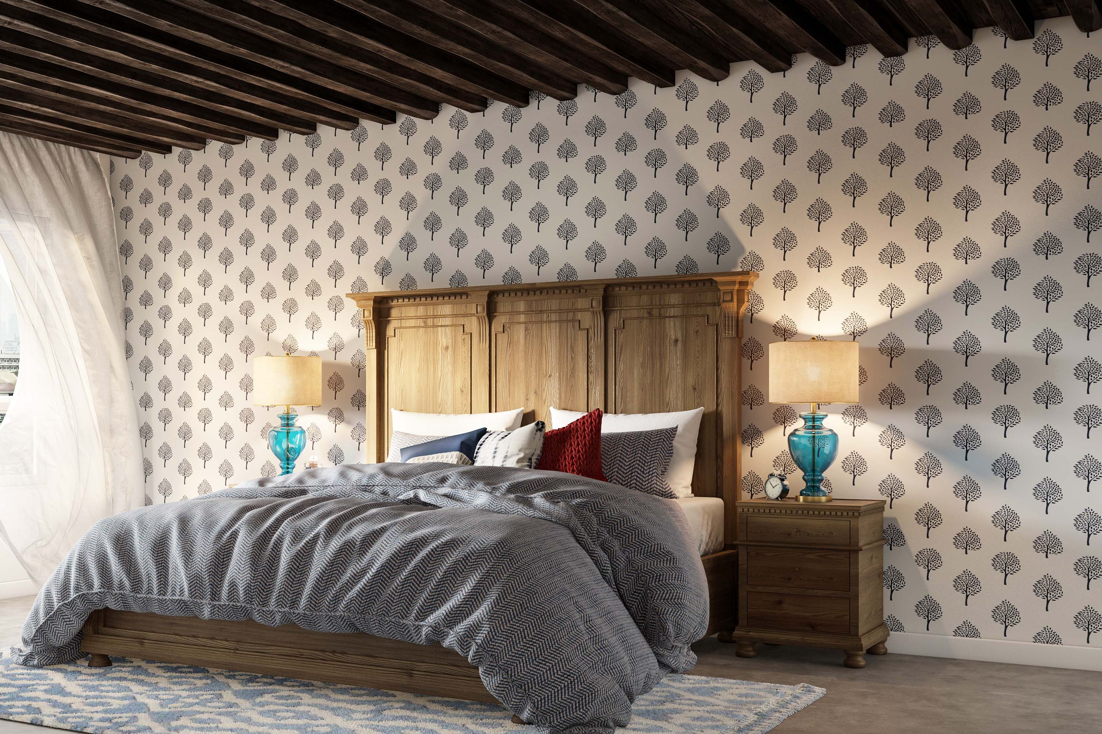 Black And White Floral Bedroom Wallpaper Design - Livspace