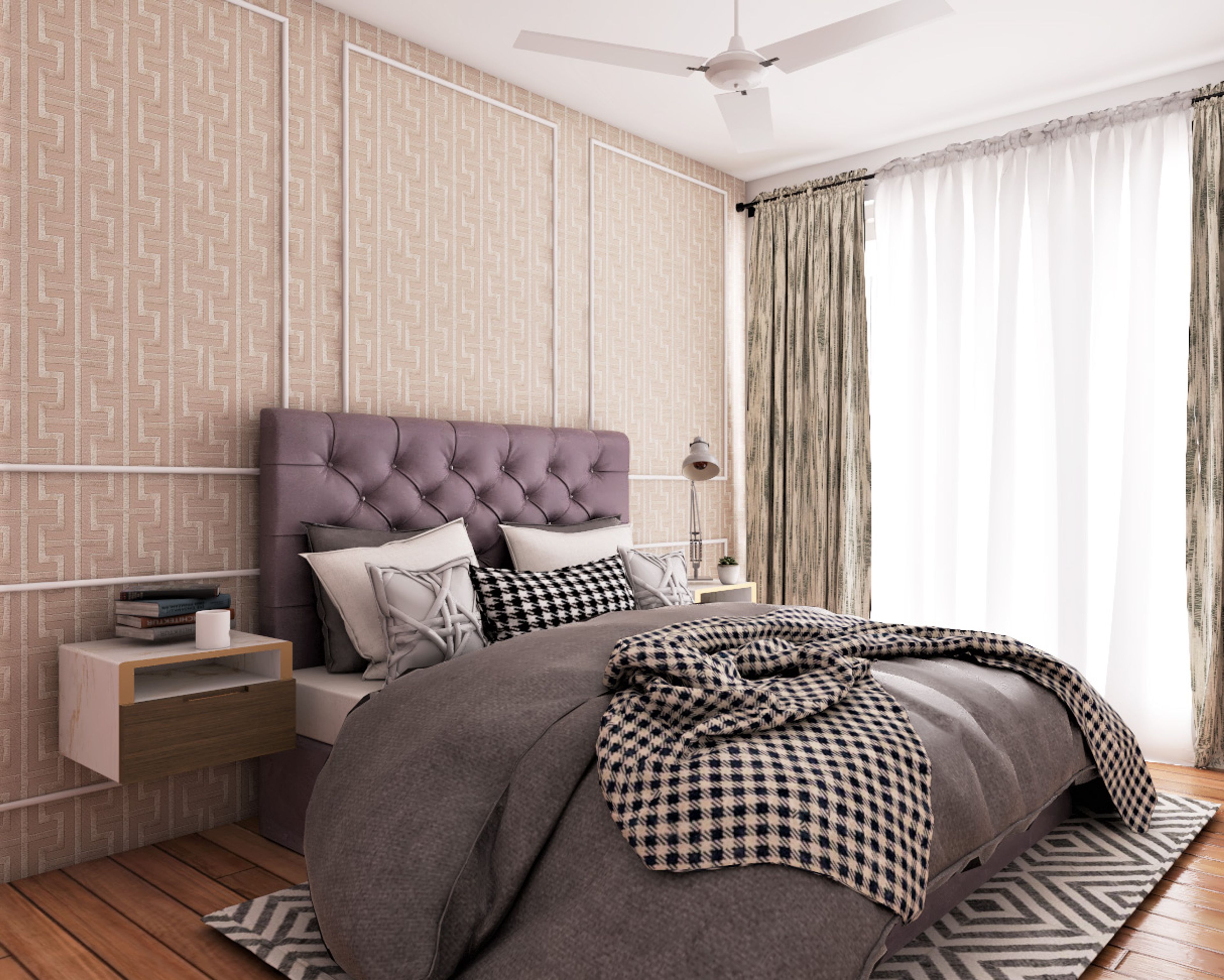 Contemporary Tan And White Patterned Bedroom Wallpaper Design - Livspace