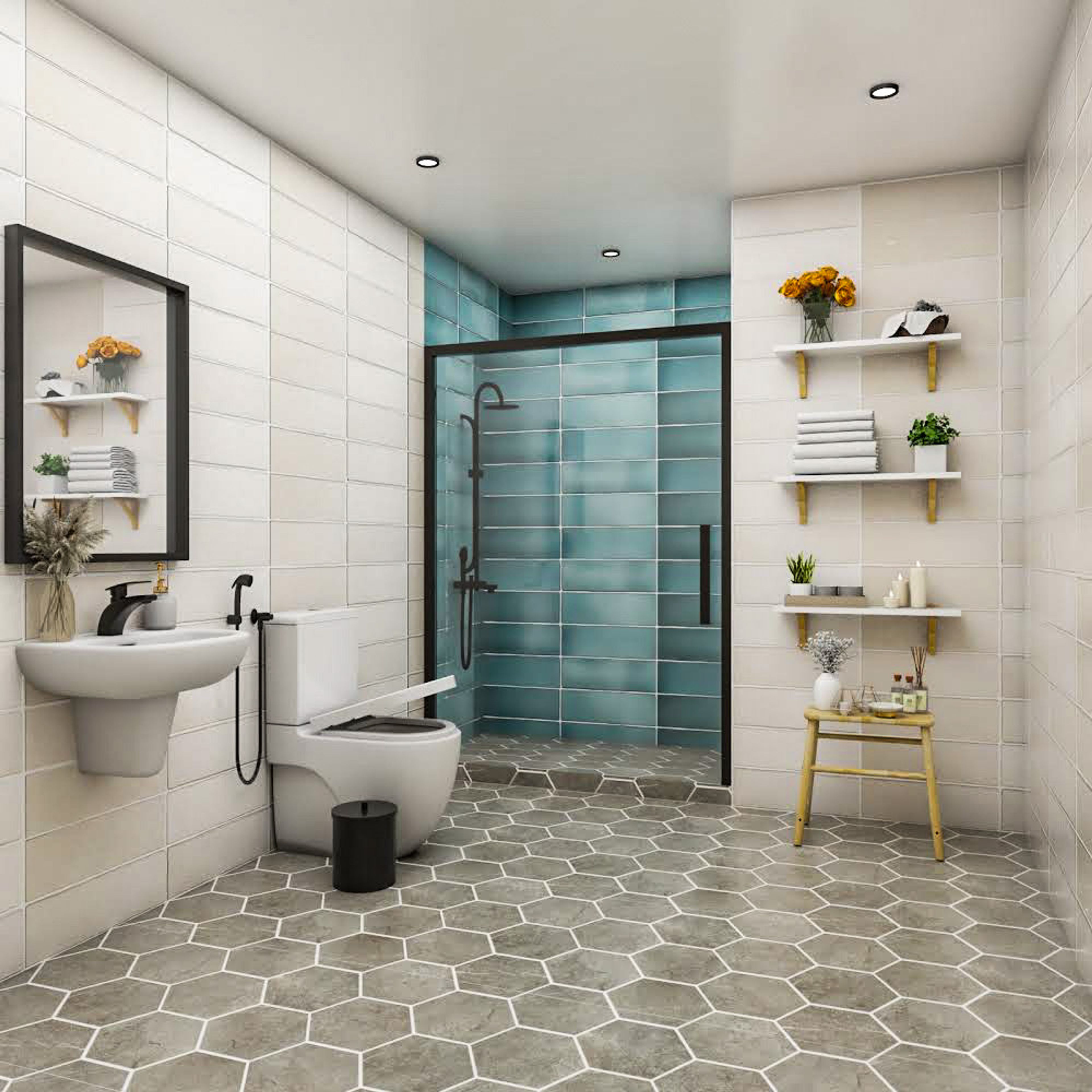 Modern Bathroom Design With Hexagonal Floor Tiles