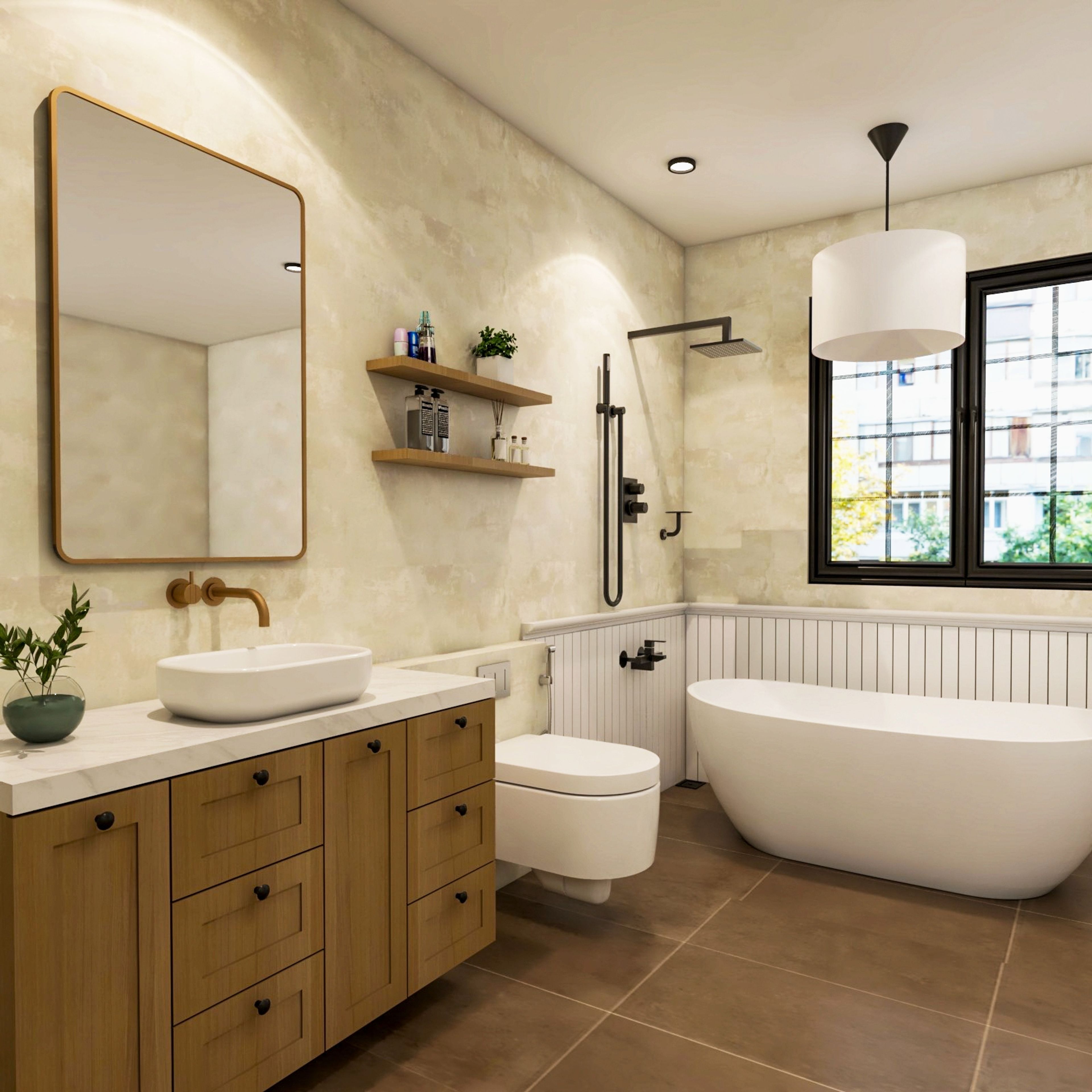 Classic Beige And Brown Bathroom Design With Square Mirror