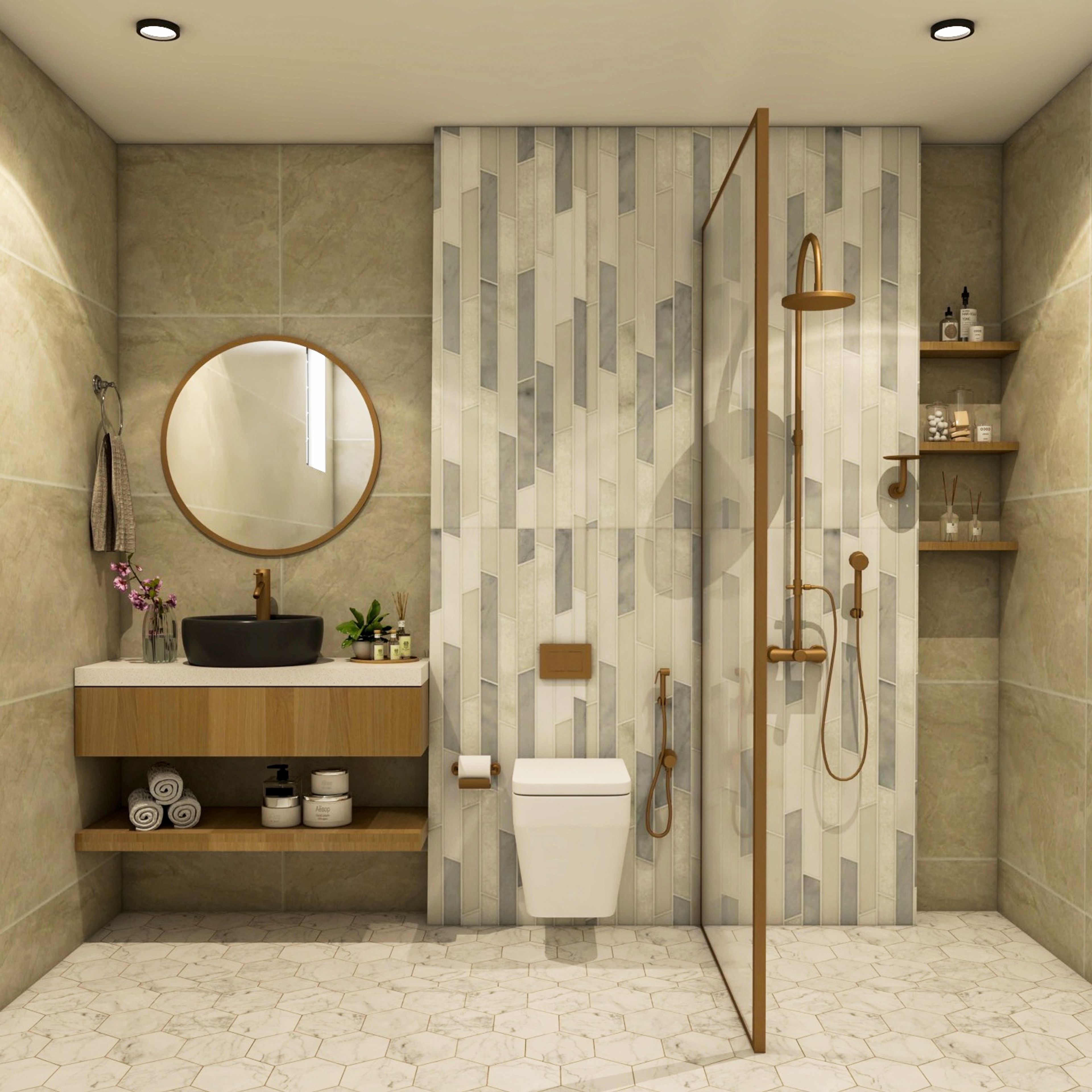 Modern Multicoloured Bathroom Design With Wooden Vanity Unit