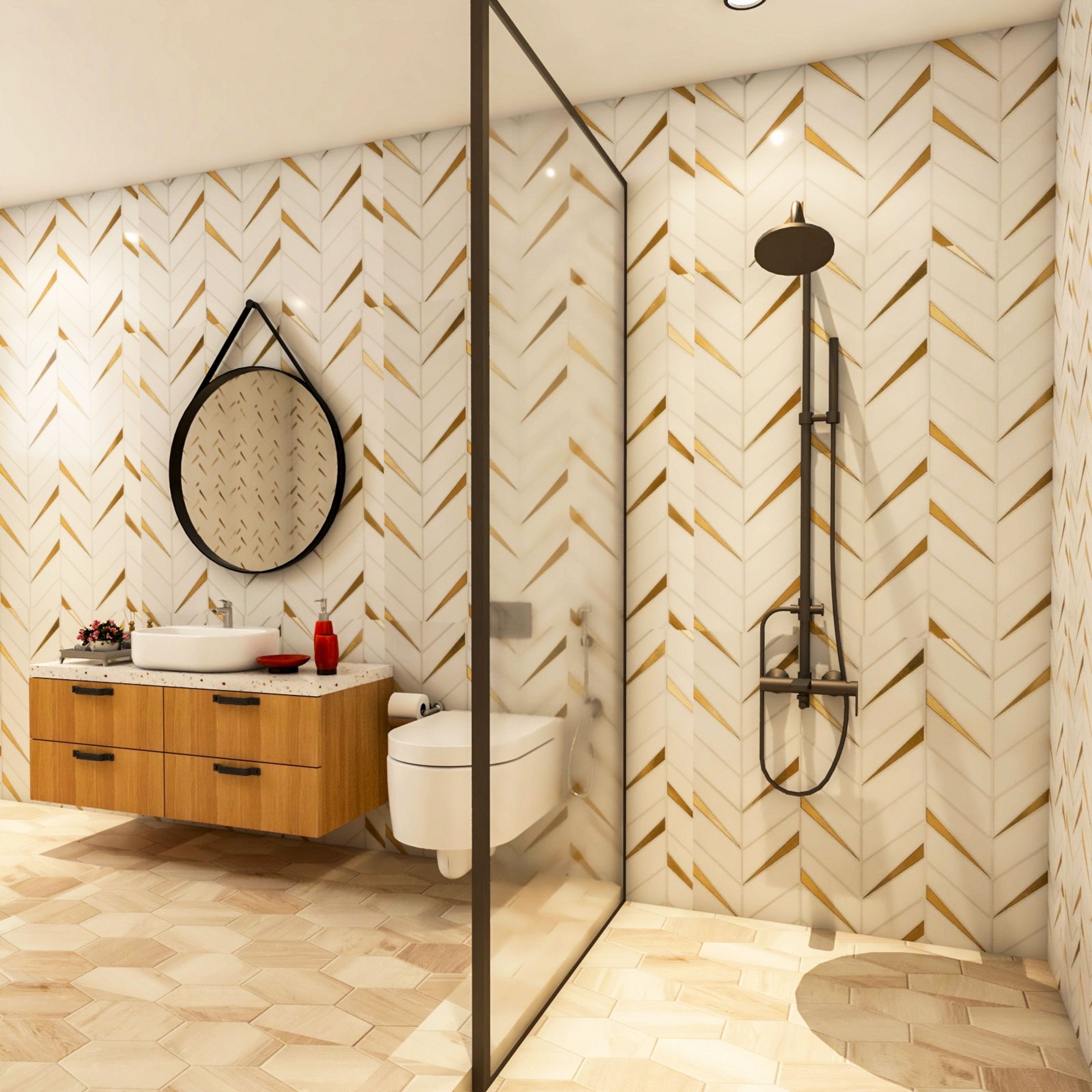 Contemporary White-Gold And Brown Bathroom Design With Round Mirror