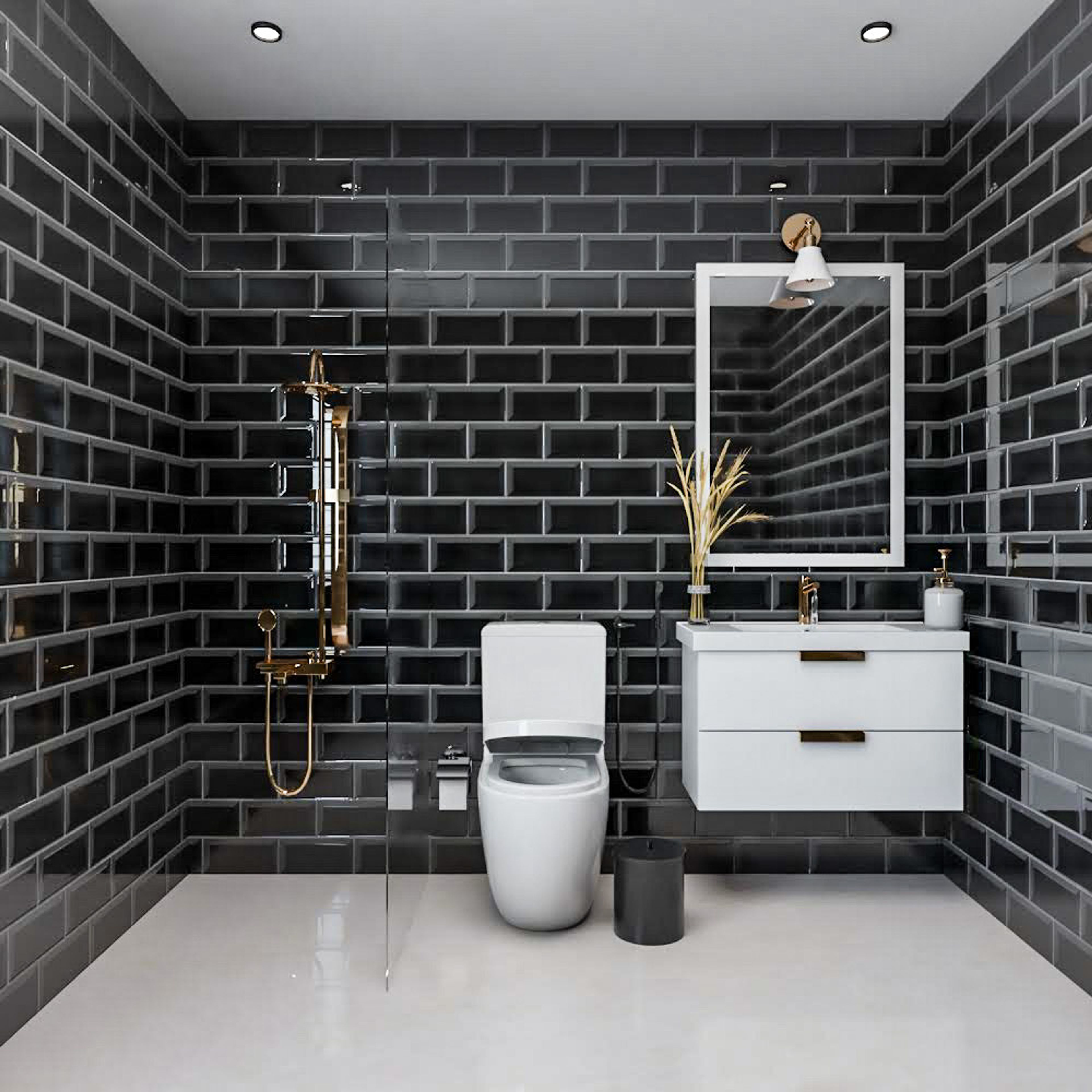 Contemporary Black And Cream Bathroom Design With White Storage