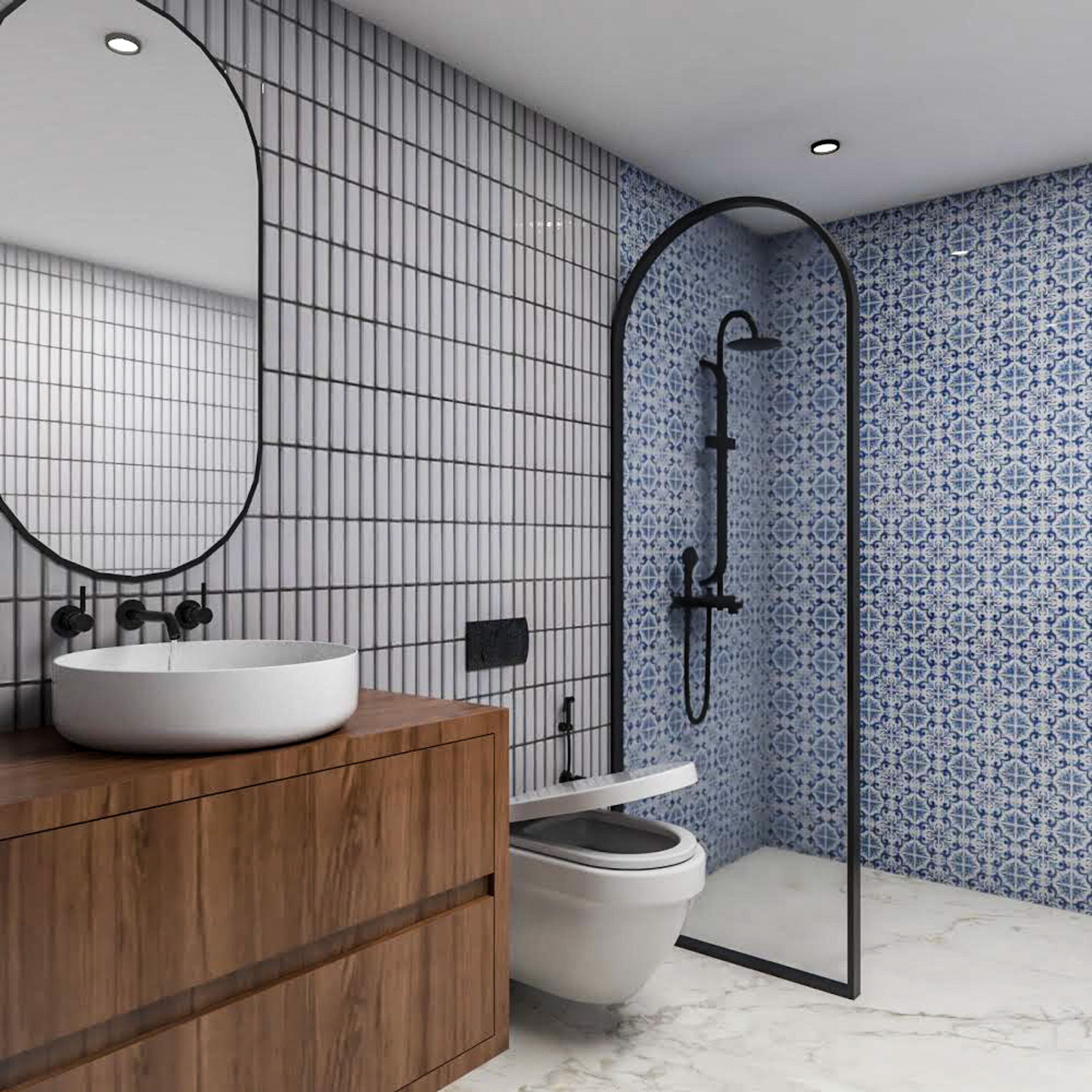 Contemporary Blue And White Bathroom Design With Wooden Storage
