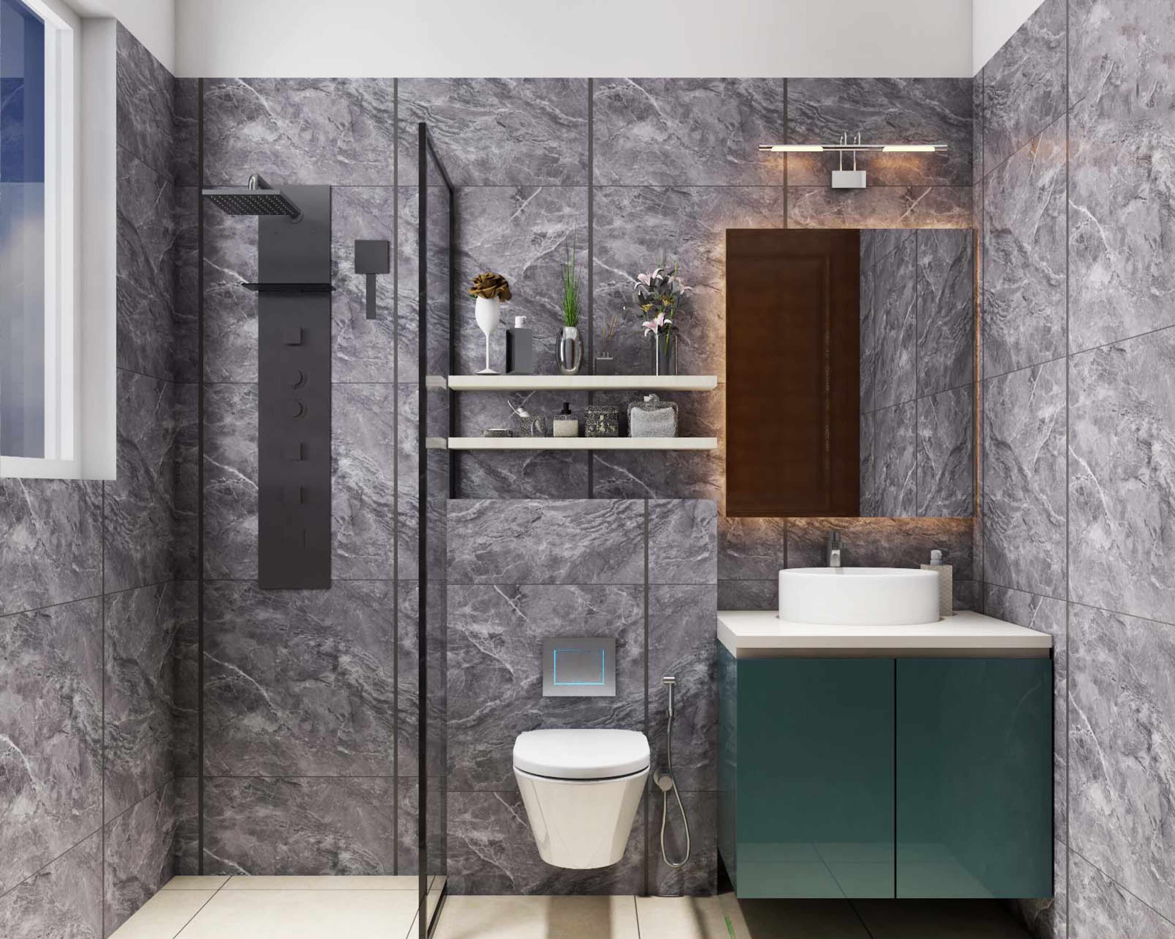 Contemporary Blue Small Bathroom Design Ideas With Marble Walls