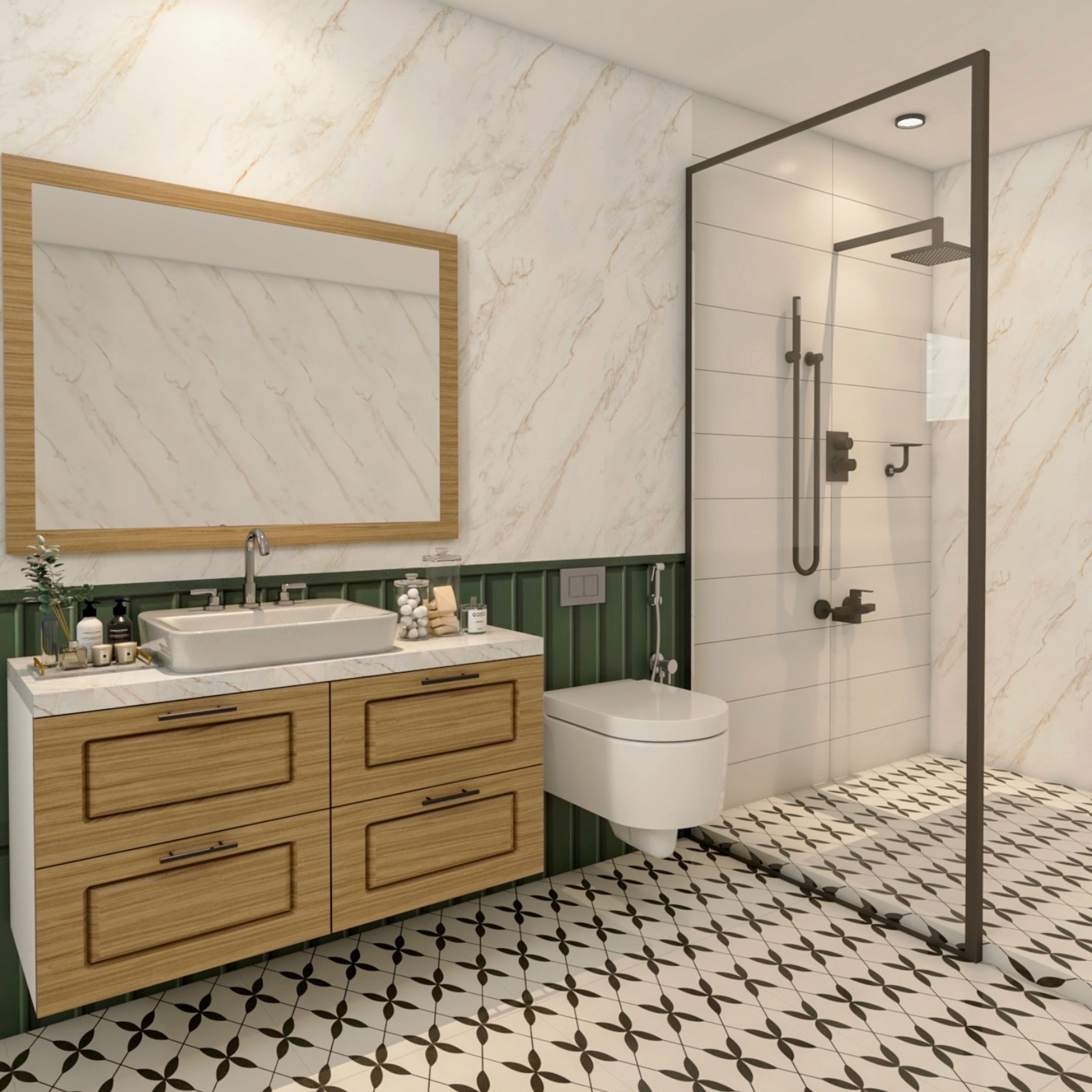 Contemporary Green-Black And White Bathroom Design With Wooden Storage