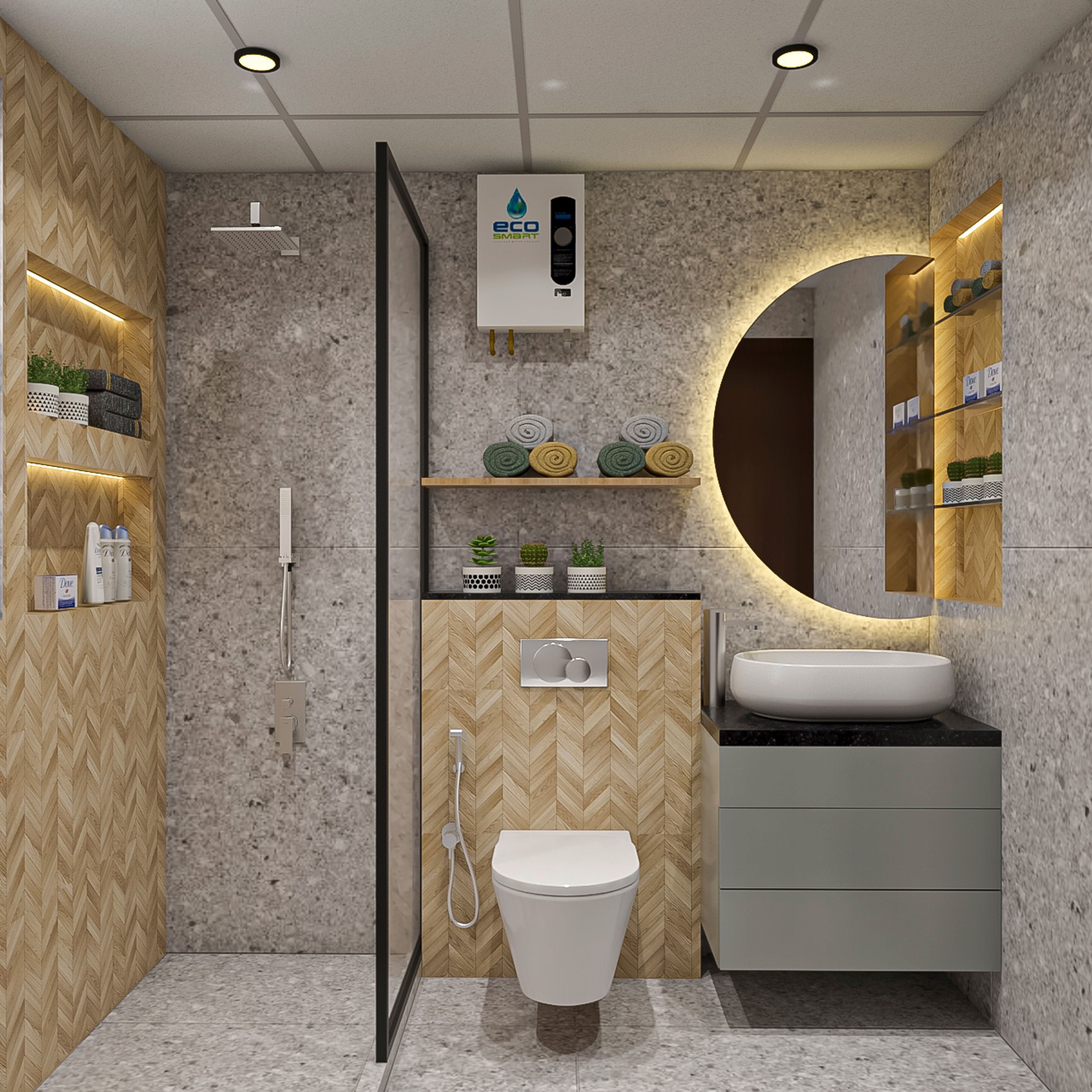 Contemporary Grey Bathroom Design With Herringbone Wall Tiles