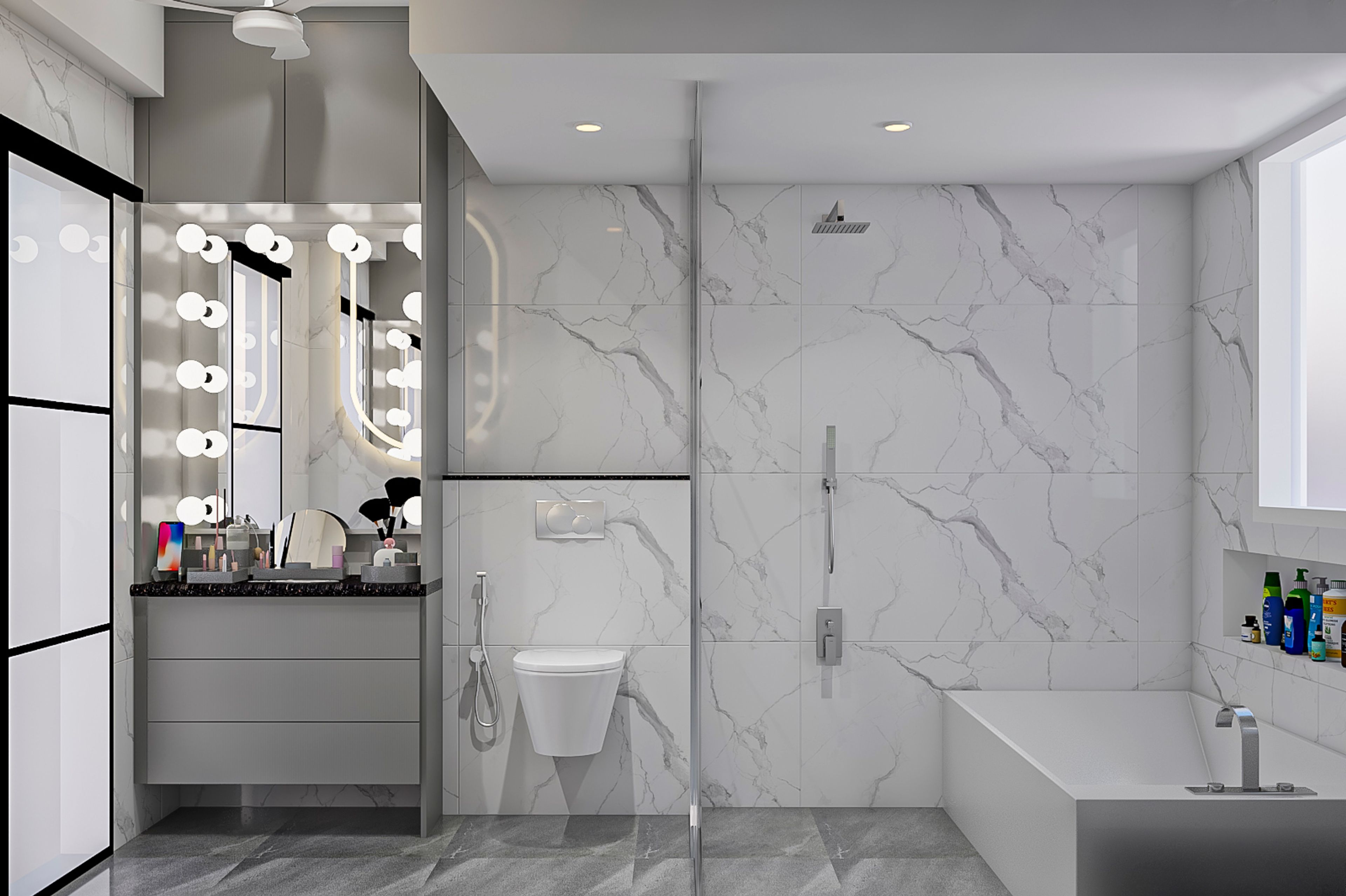 Minimal White Bathroom Design With Drawers And Loft Cabinet