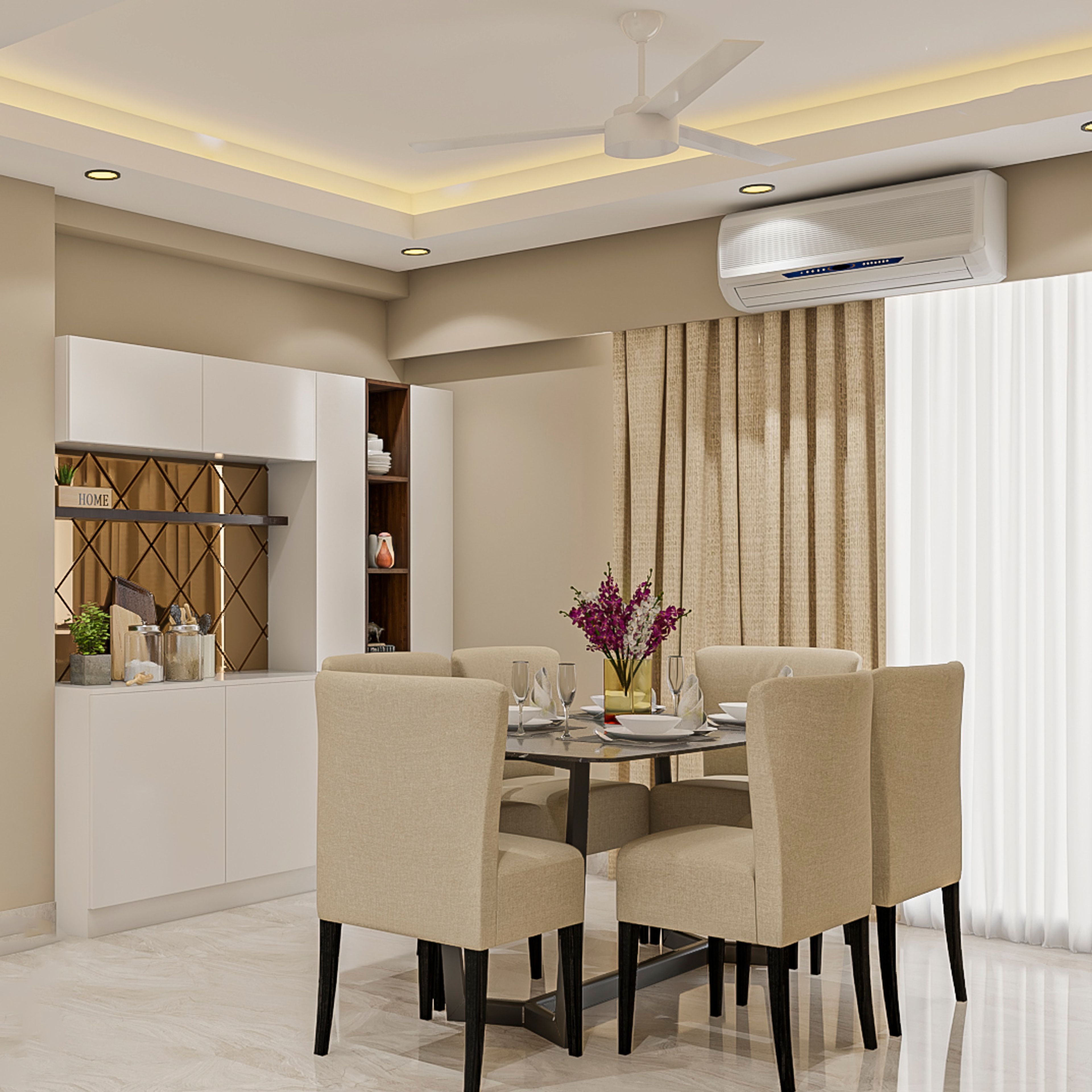 Minimalistic 6-Seater Beige Dining Room Design With Bar Unit