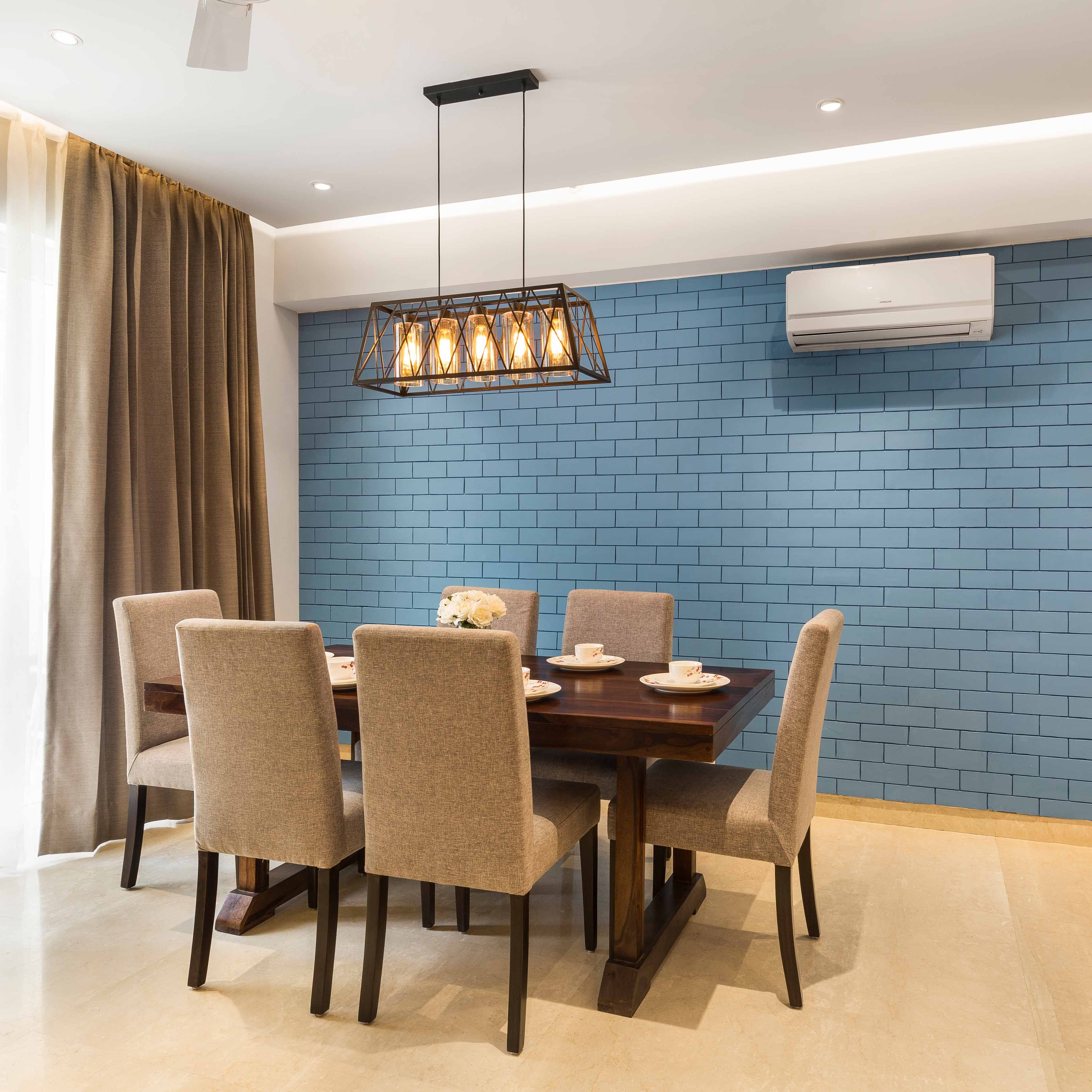 Rustic Beige And Wood Dining Room Design With Blue Brick Accent Wall