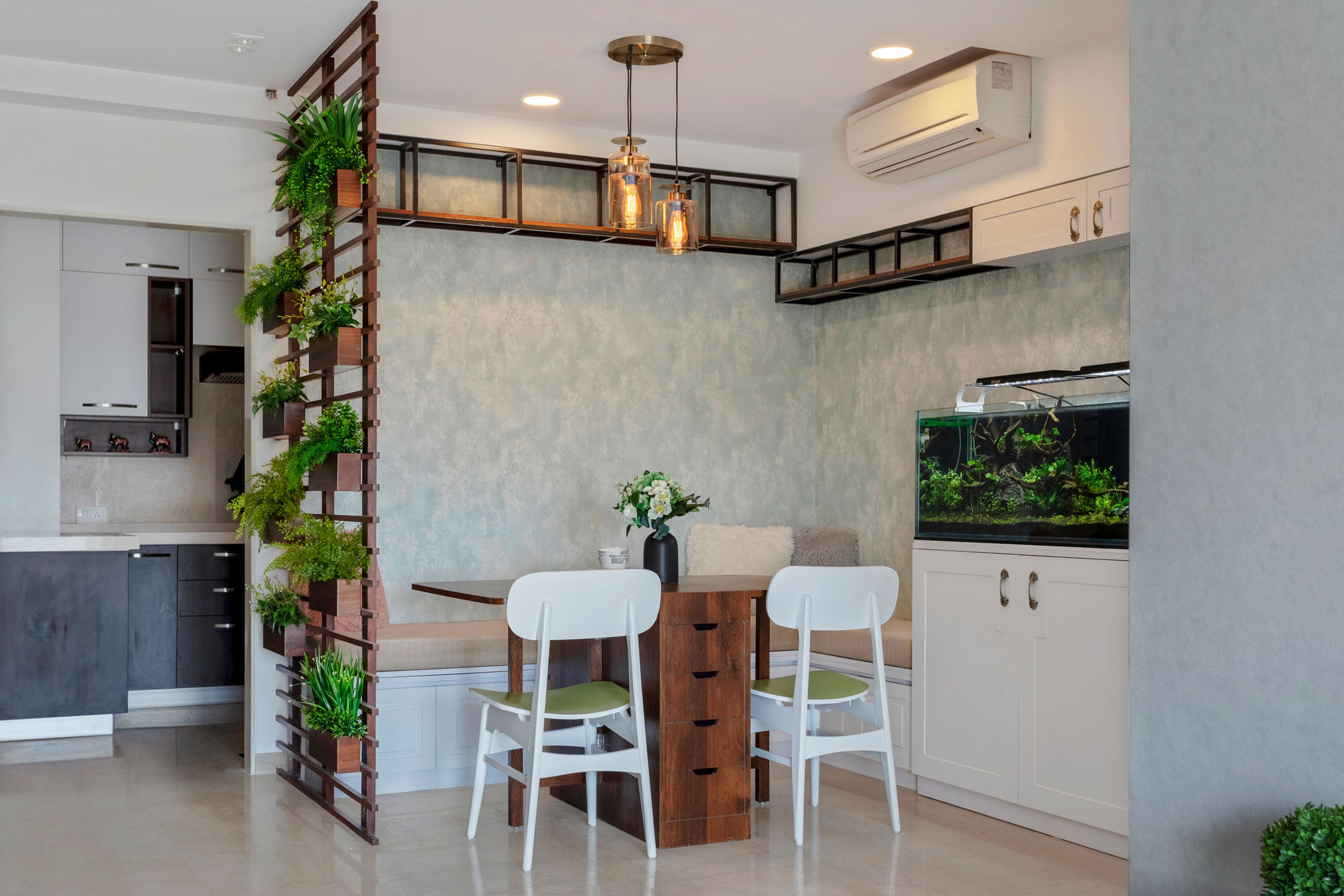 Industrial 2-Seater Dining Room Design With L-Shaped Beige Seater