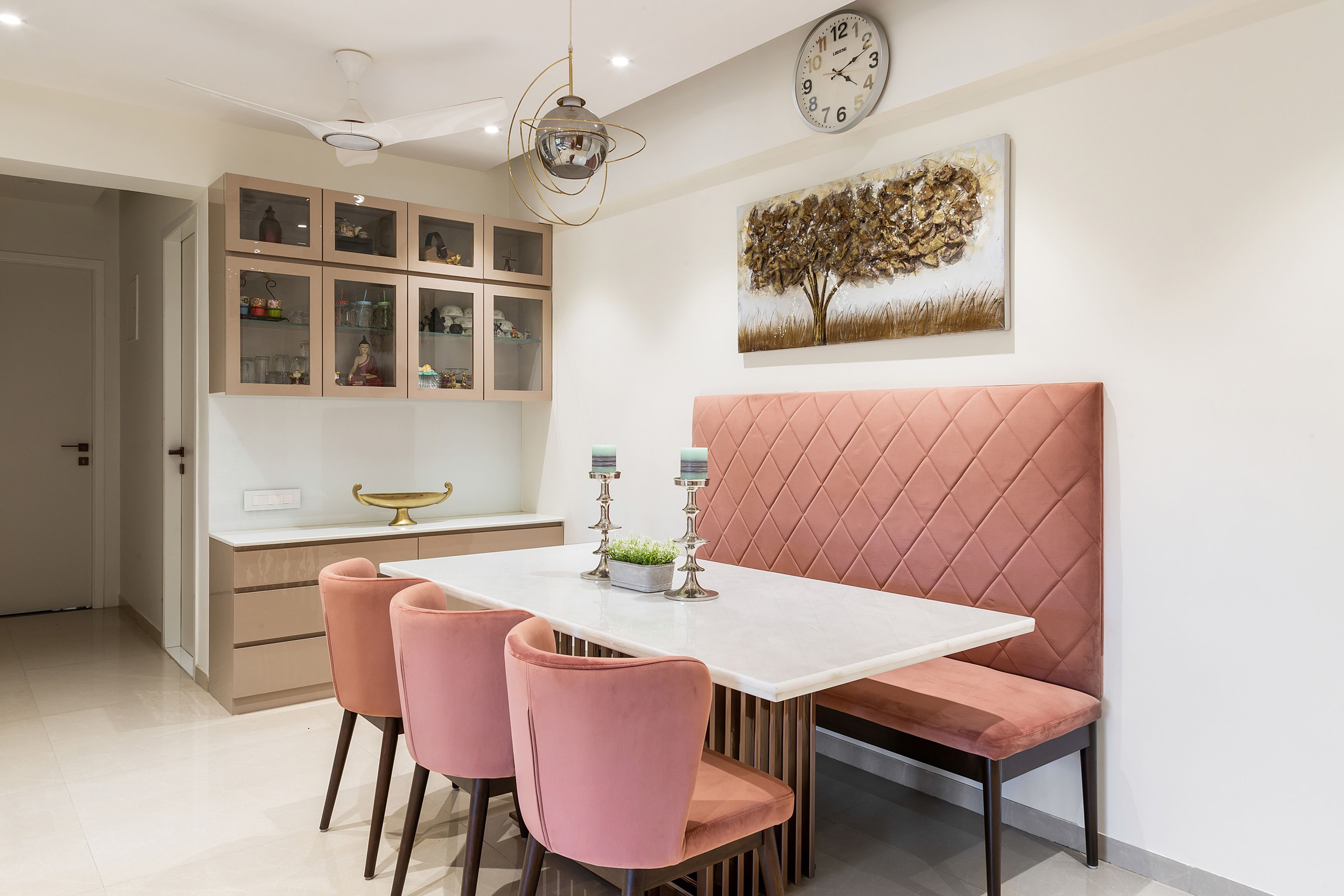 Contemporary Pink And White 3-Seater Dining Room Design With Large Sofa