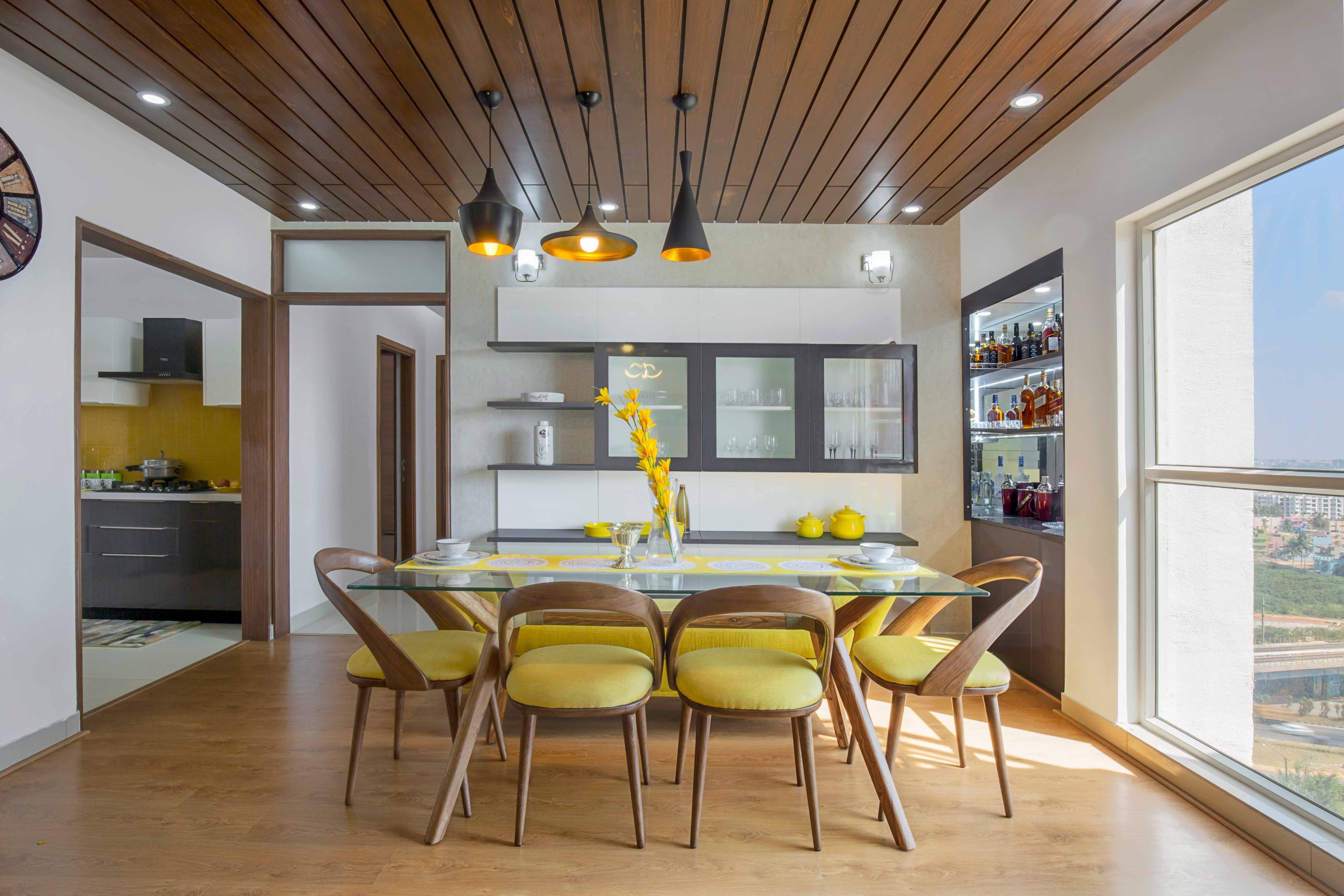 Modern Yellow And Wood Dining Room Design With Wooden False Ceiling