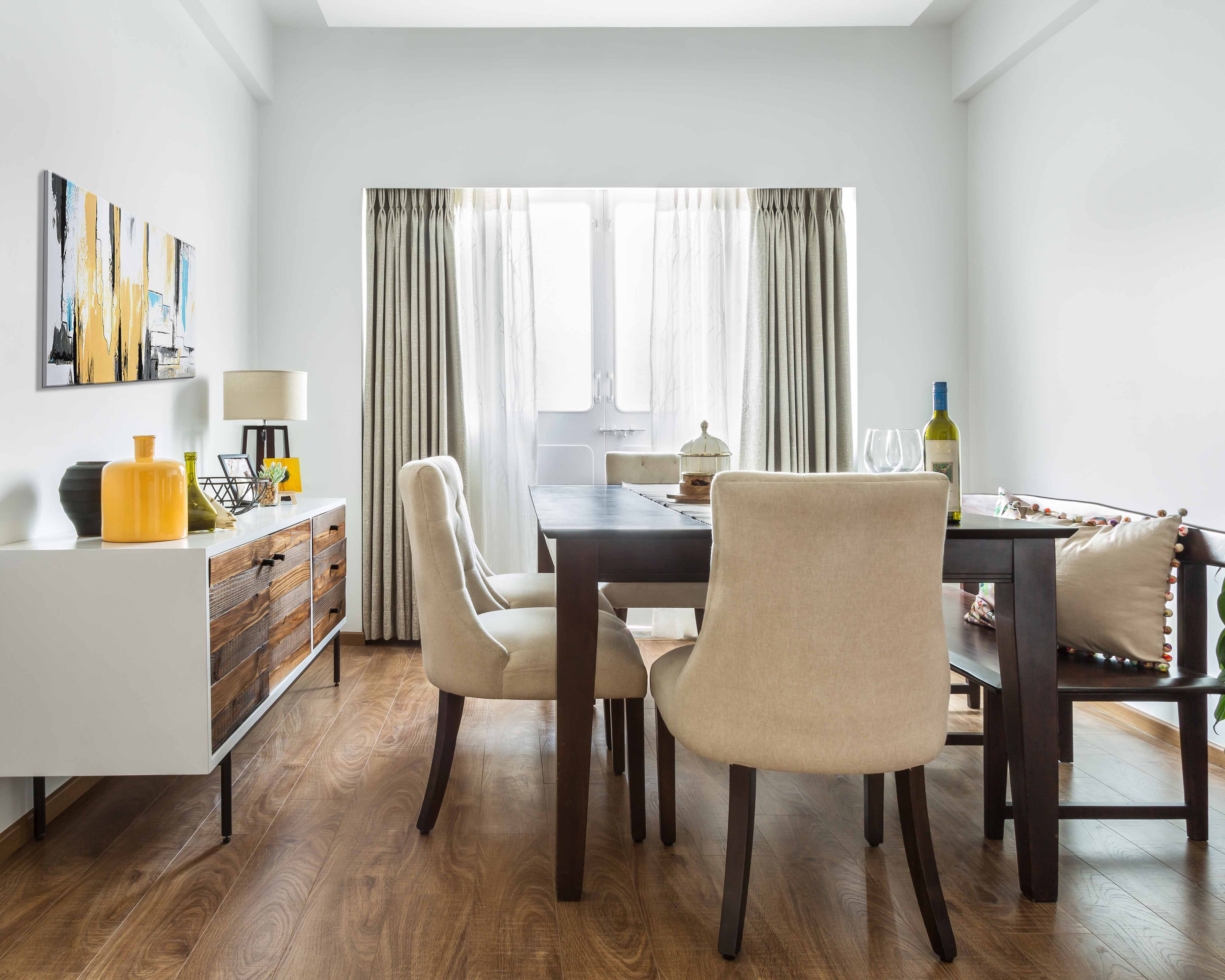 Classic Dining Room Design With White And Wood Drawer Storage