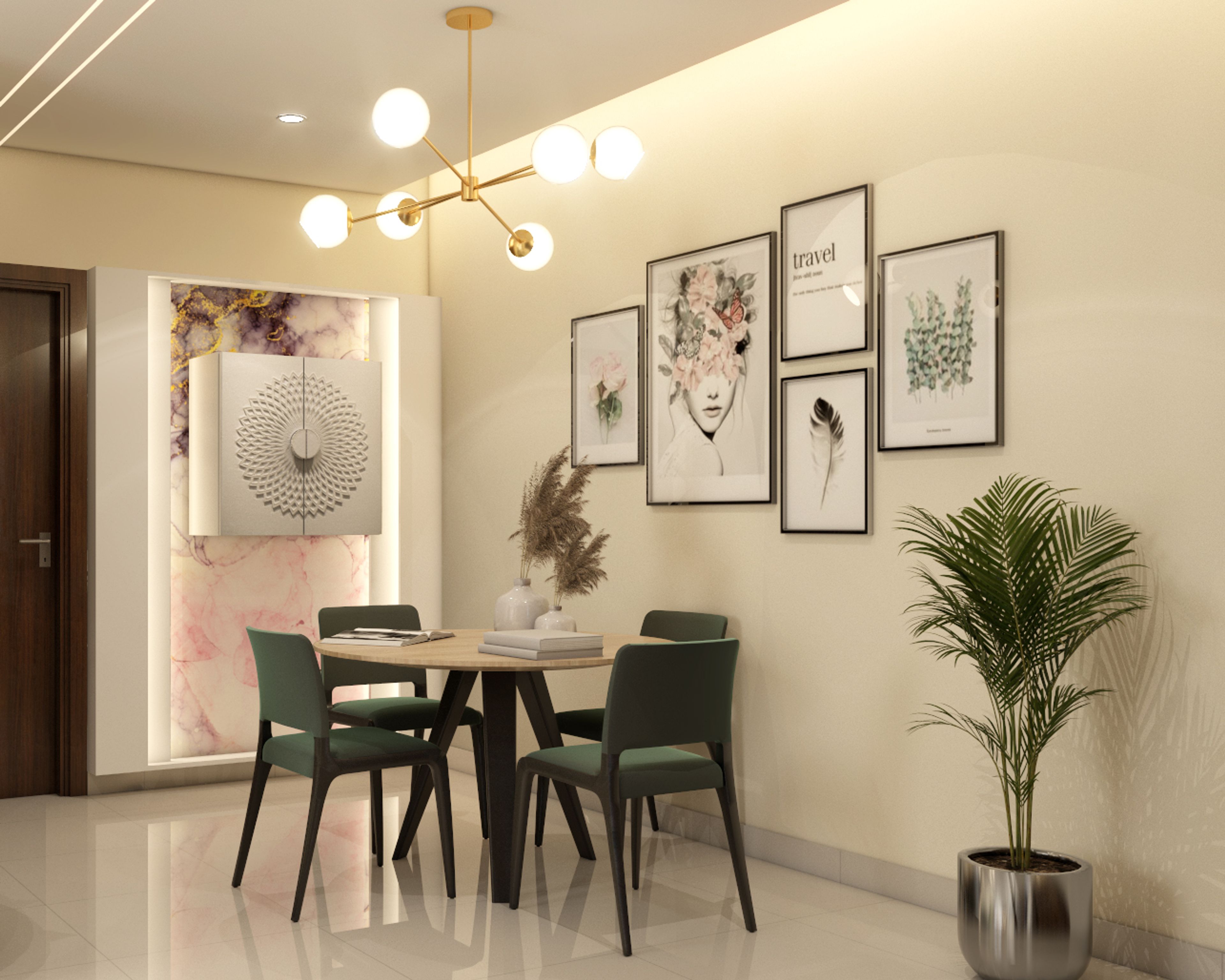 Modern 4-Seater Wood And Green Dining Room Design With Wall-Mounted Mandir Unit