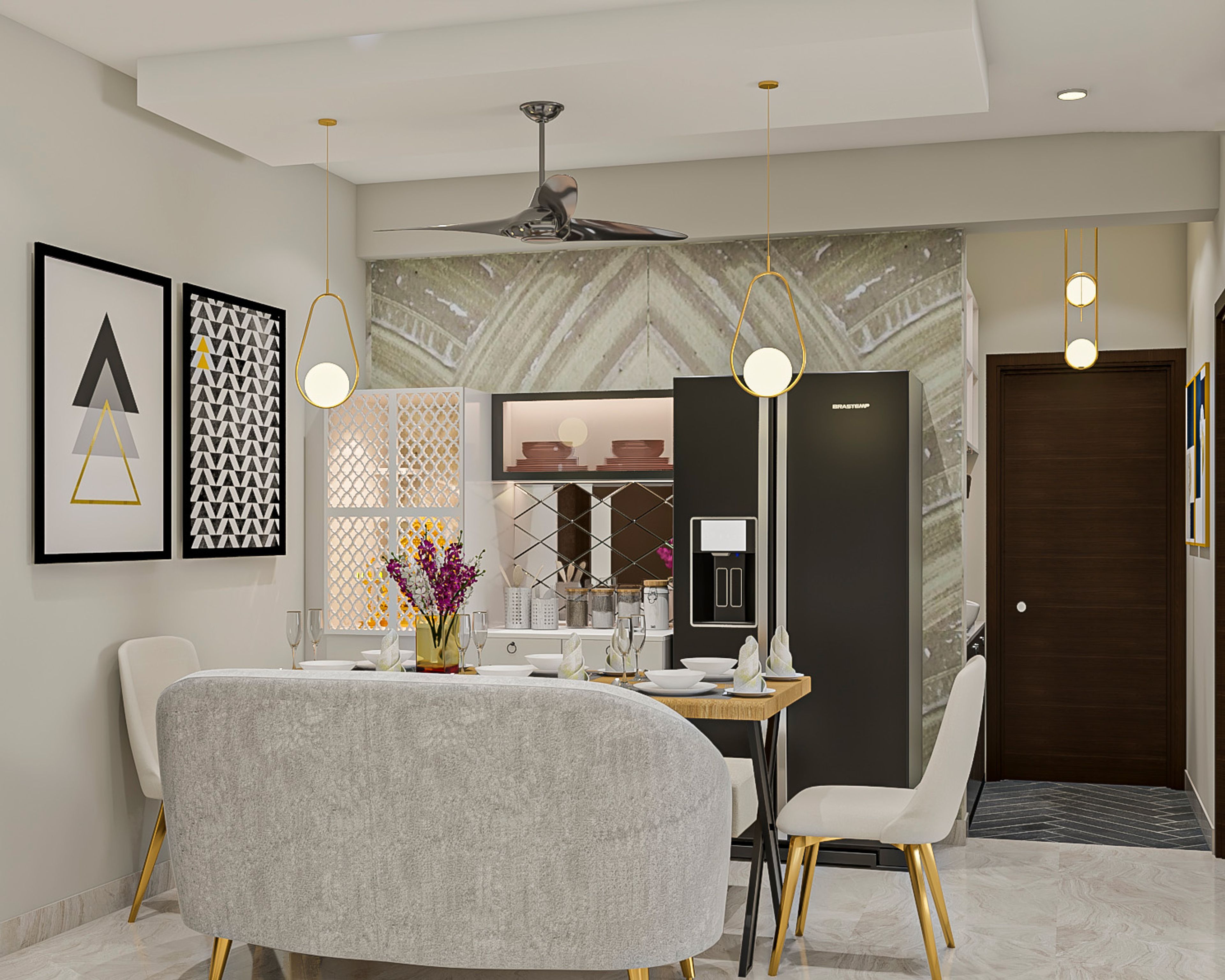 Art Deco Grey And White Dining Room Design With Patterend Wallpaper