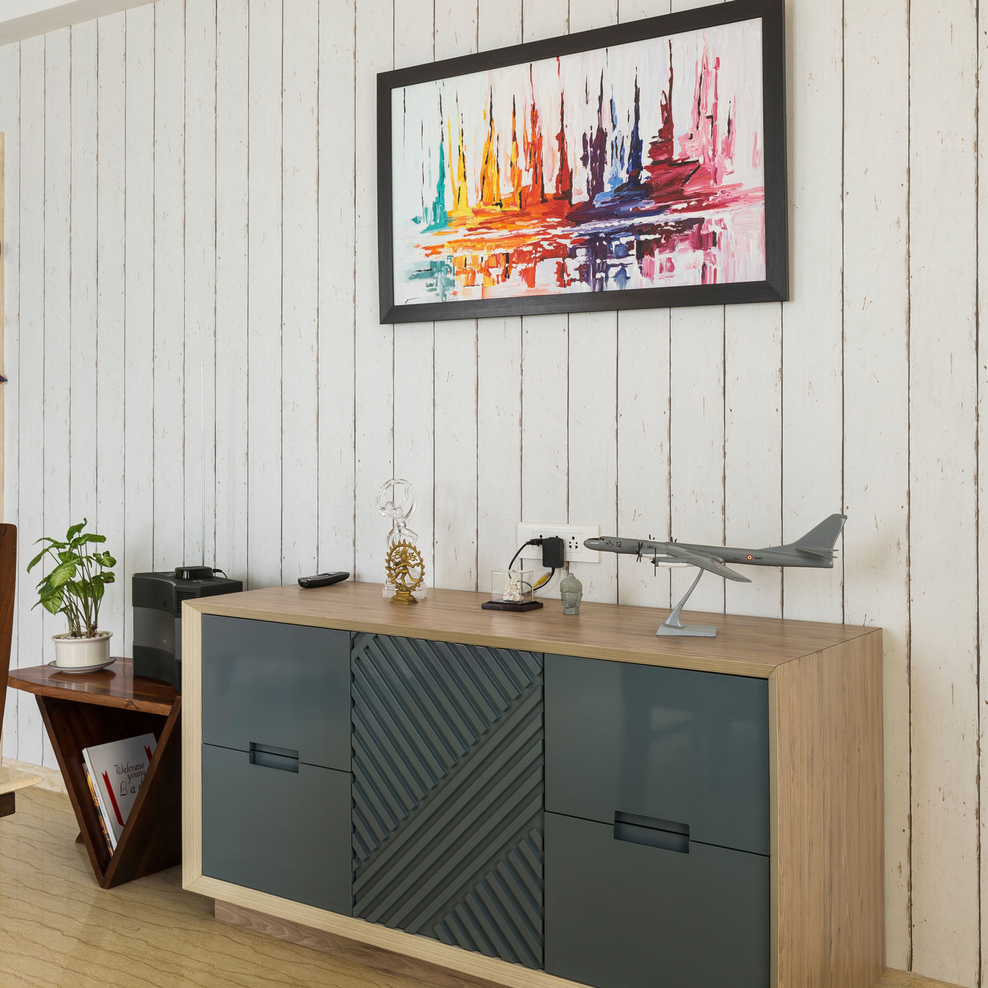 American Walut And Denim Suedette Foyer Design With Floor-Mounted Storage - Livspace