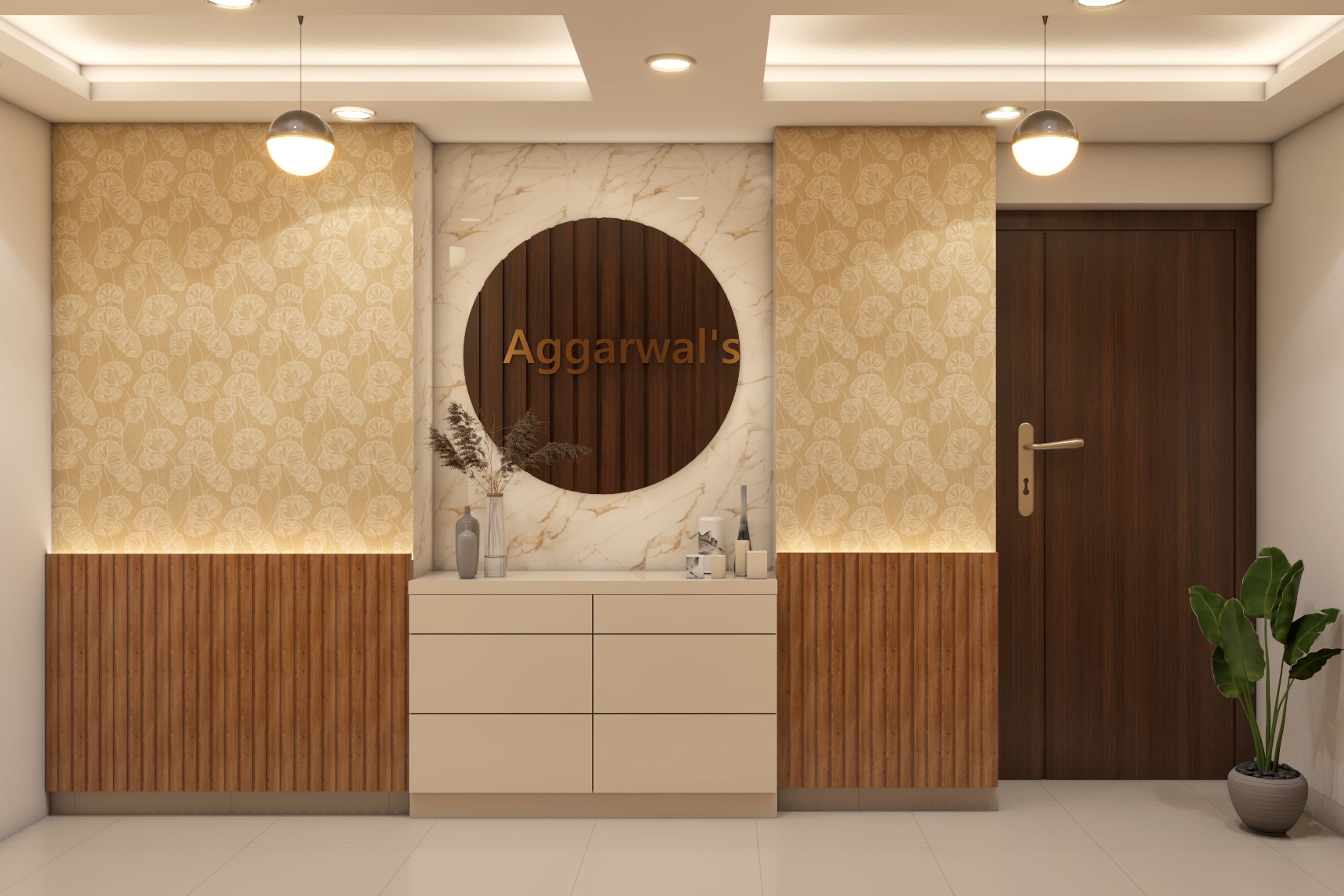 Classic Foyer Design With Gold Patterned Wallpaper