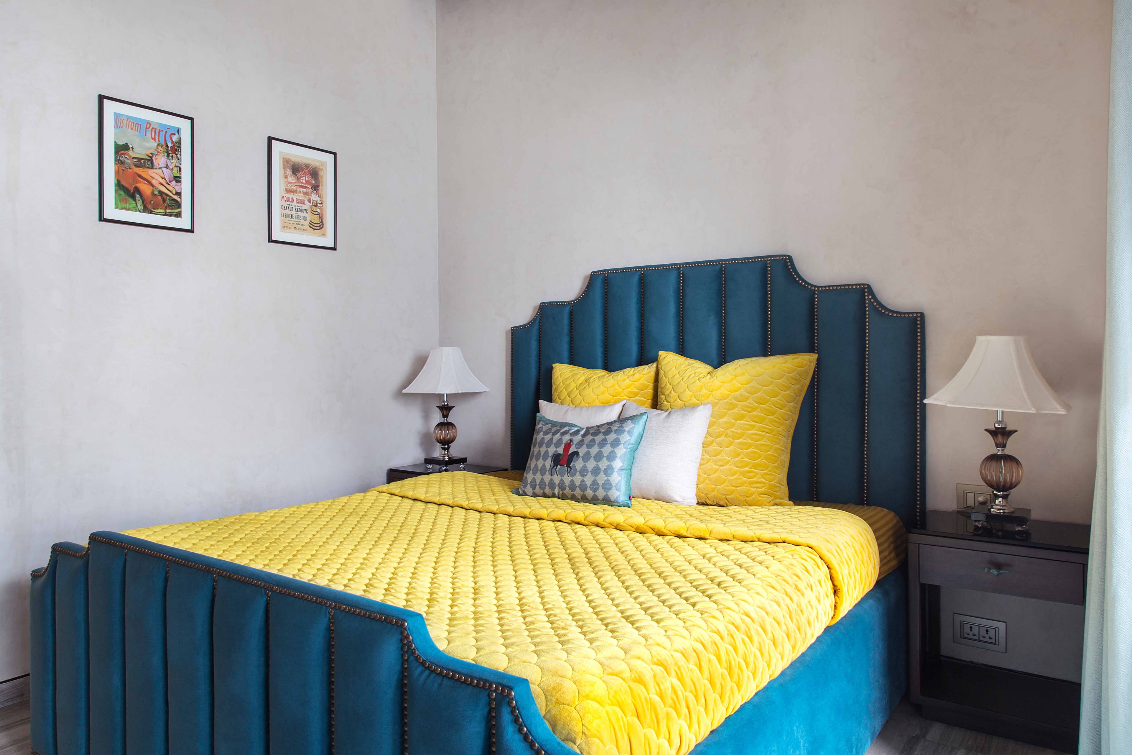 Classic Guest Room Design With Dark Blue Headboard