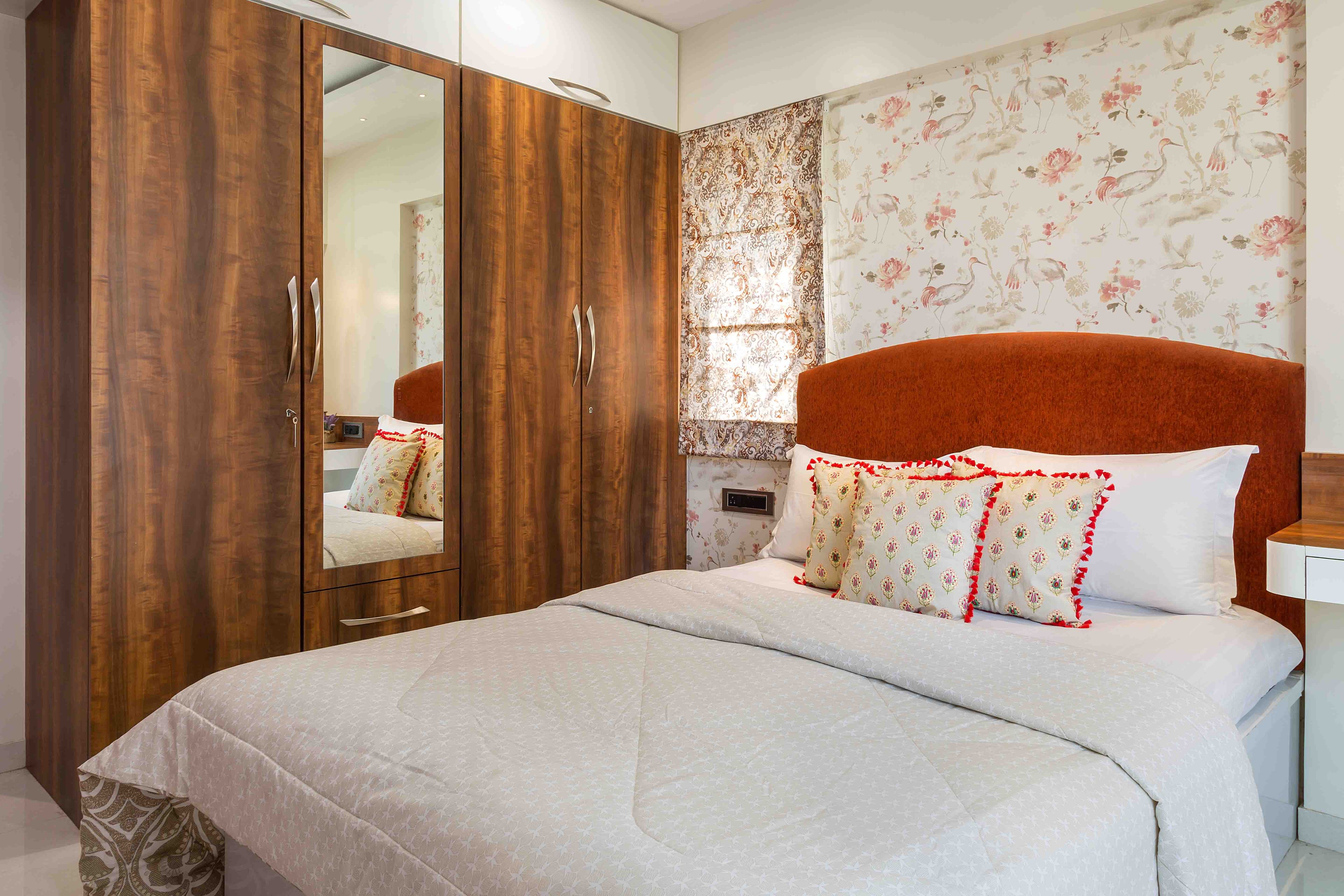 Contemporary Guest Room Design With Beige And Pink Floral Wallpaper