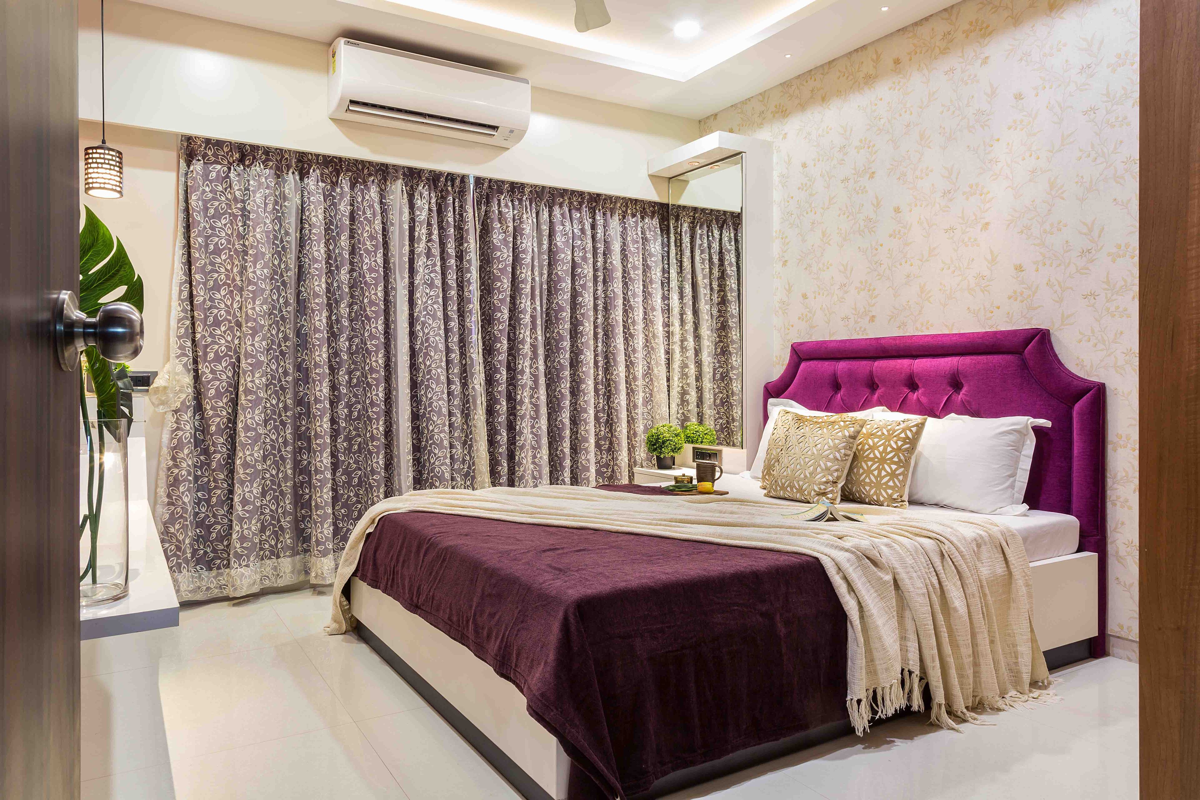 Eclectic Guest Room Design With Beige Floral Wallpaper