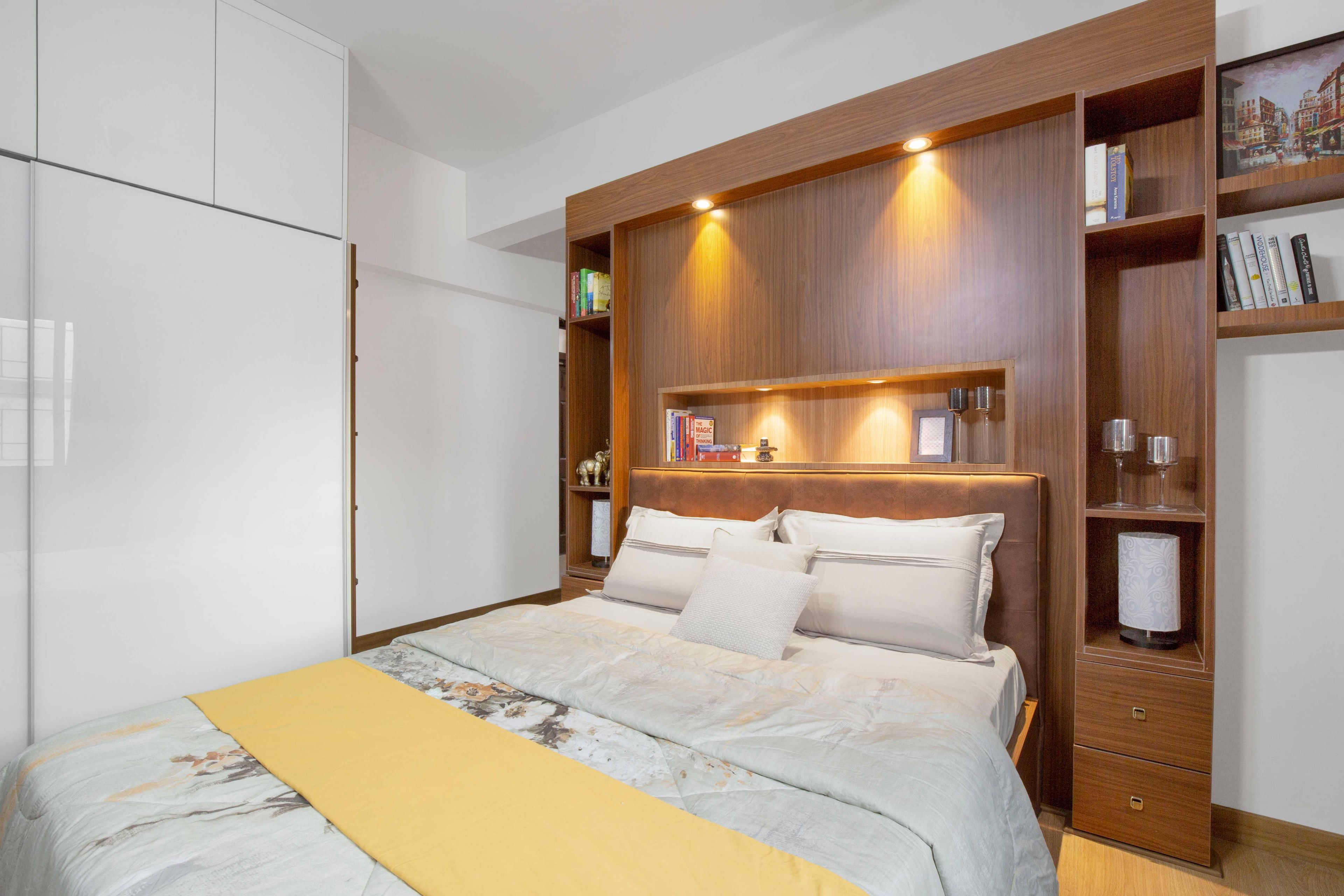 Modern Guest Room Design With Wooden Bed Back Wall