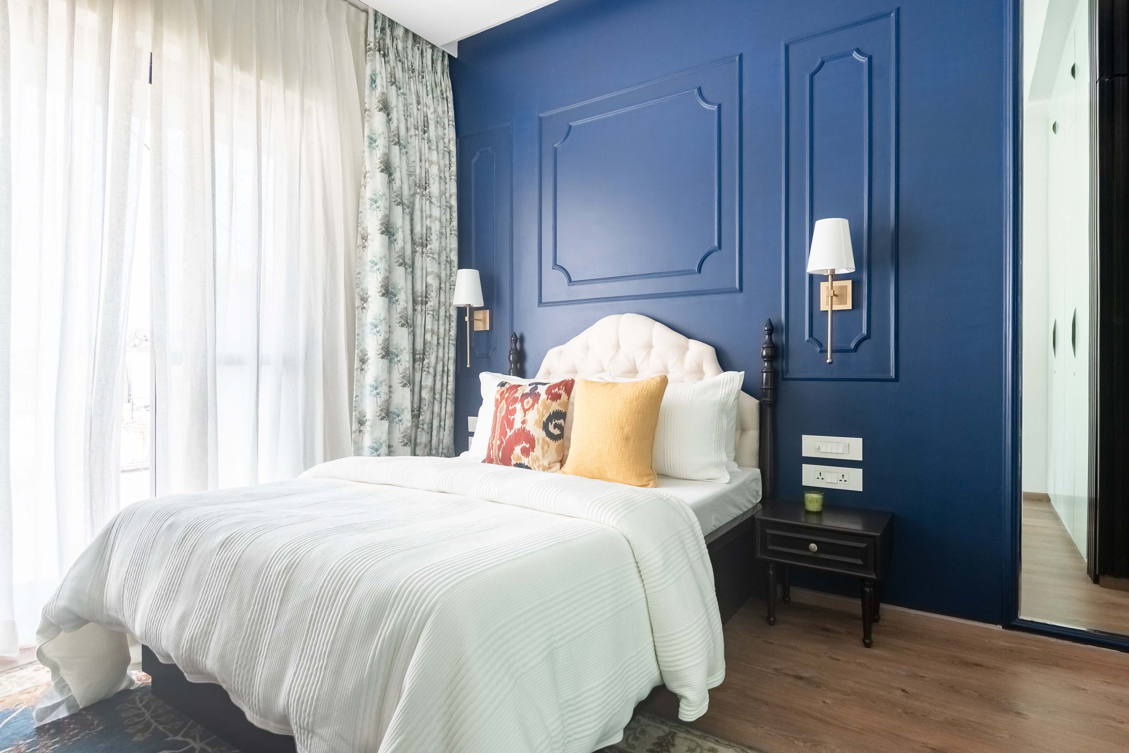 Contemporary 2 BHK Flat in Mumbai With Blue and White Master Bedroom