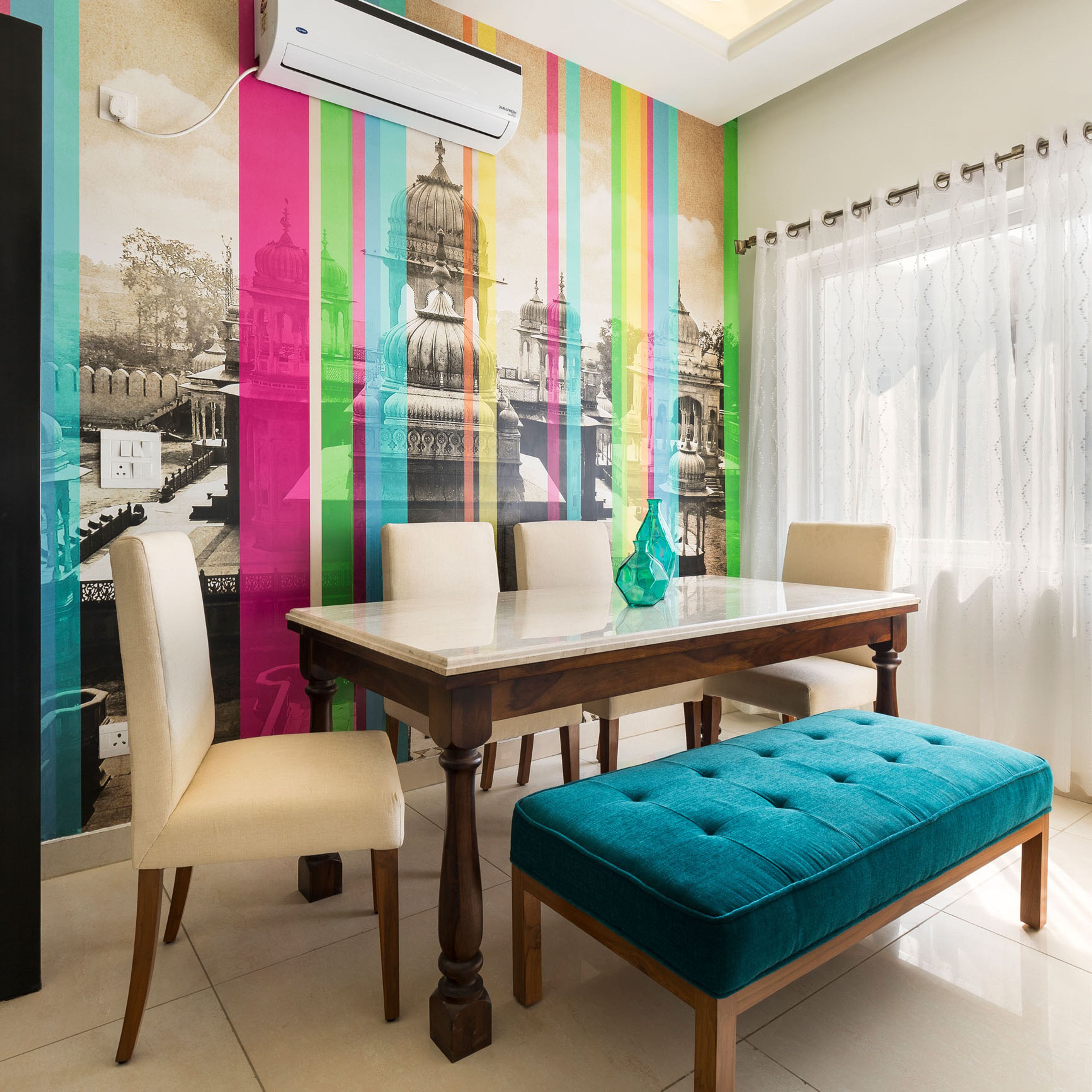 Contemporary 3-BHK Flat In Noida With Grey And Wood L Shaped Modular Kitchen