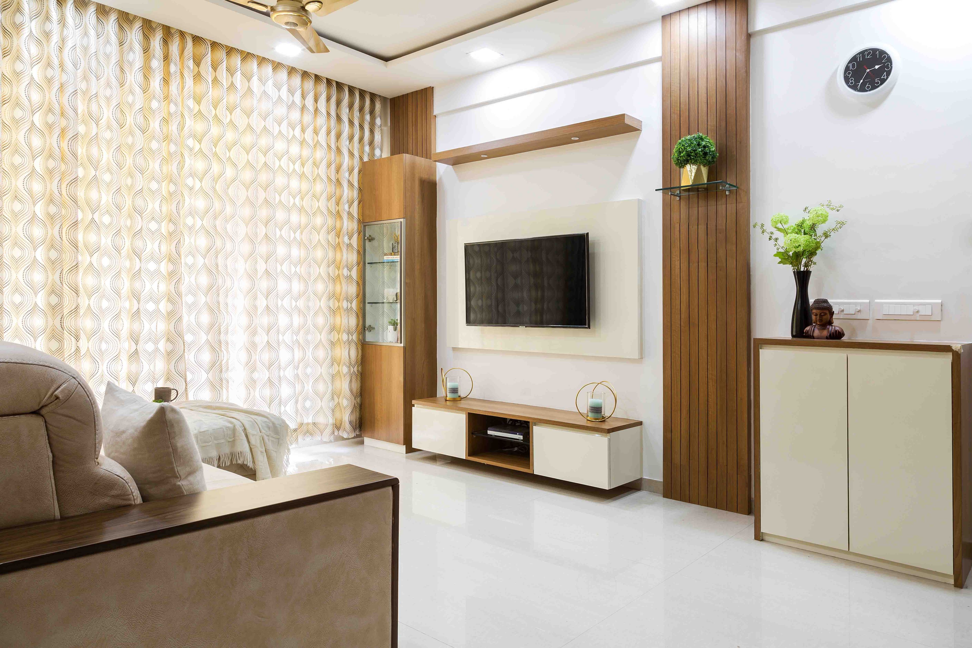 White and wood TV unit design - Livspace