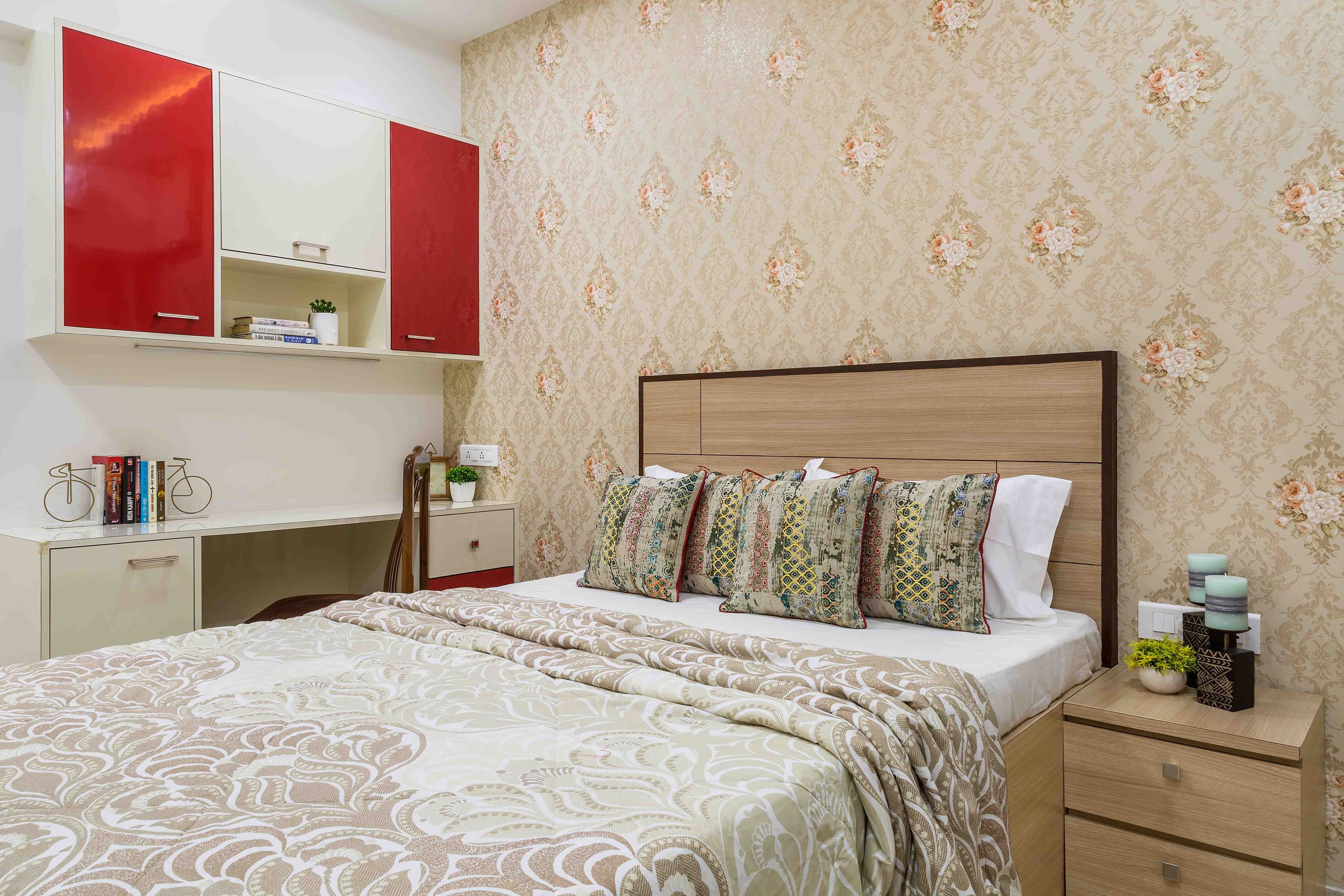 Red and white study table for master bedroom - Livspace