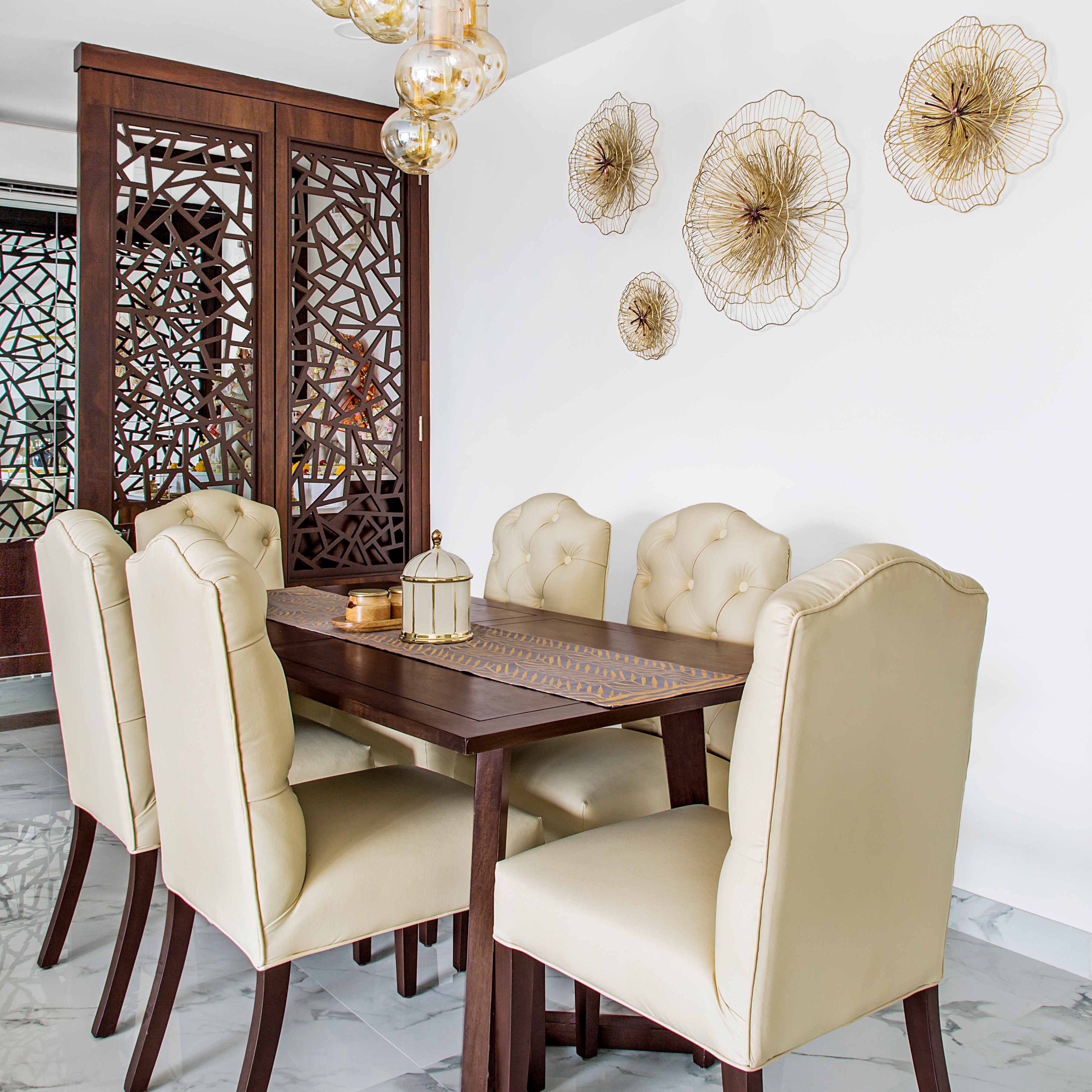 6-seater dining space with floral wall pattern - Livspace