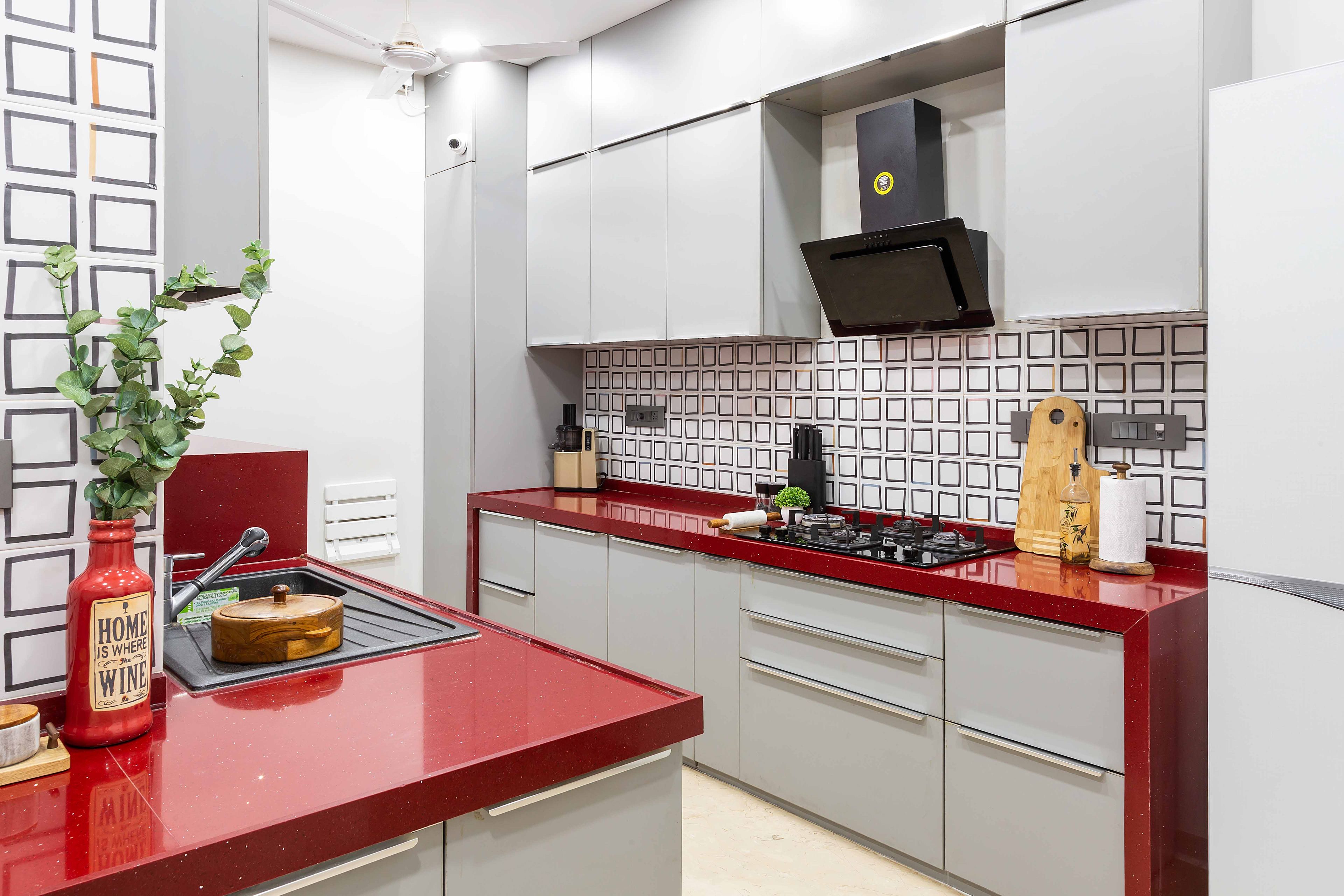 3-BHK Flat In Mumbai With Red And White Modular Kitchen - Livspace