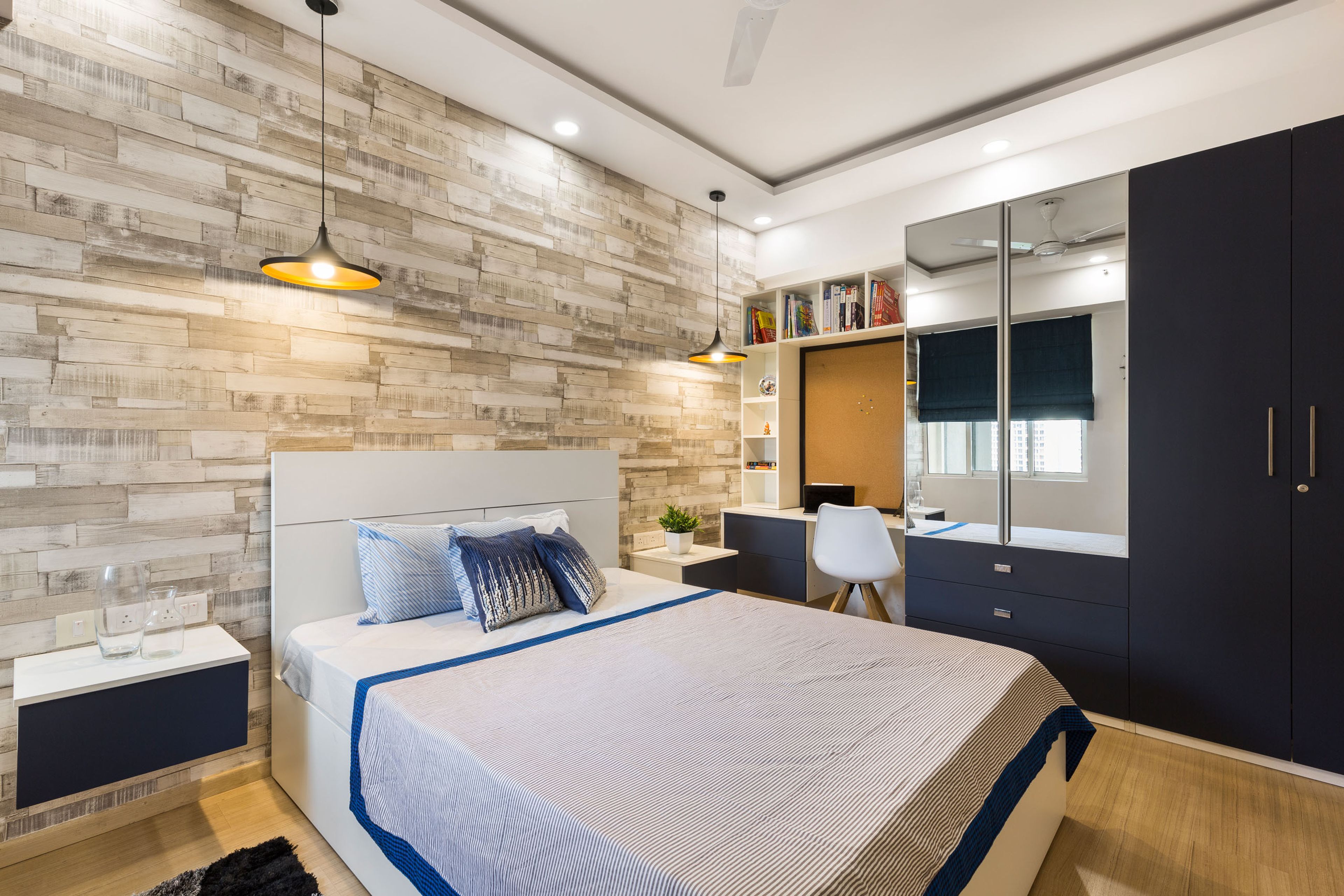 Modern 4-BHK Flat Design In Gurgaon With Red And White Bedroom Tv Unit