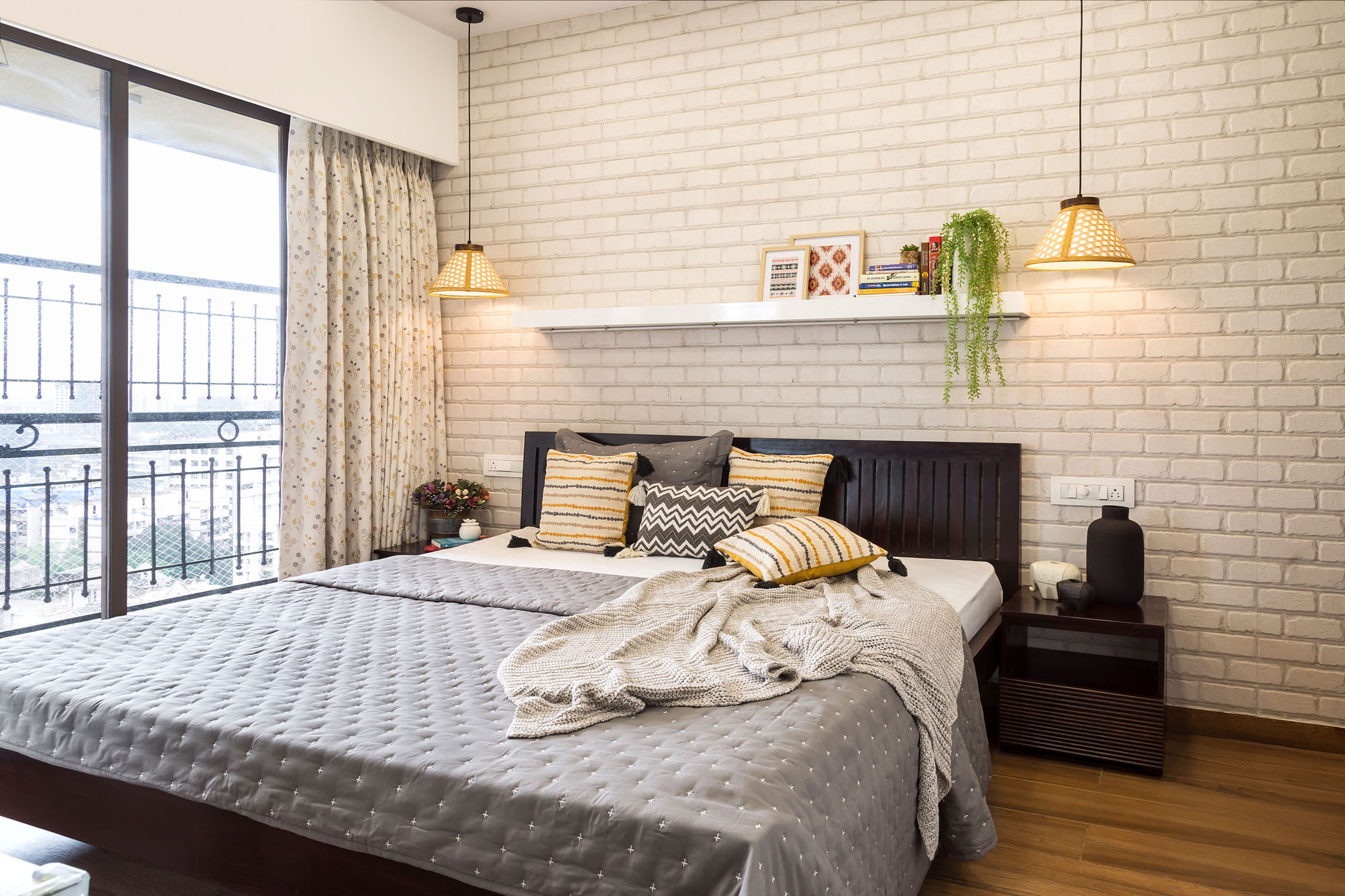 Contemporary 3-BHK Flat In Mumbai With Compact Blue And White Living Room