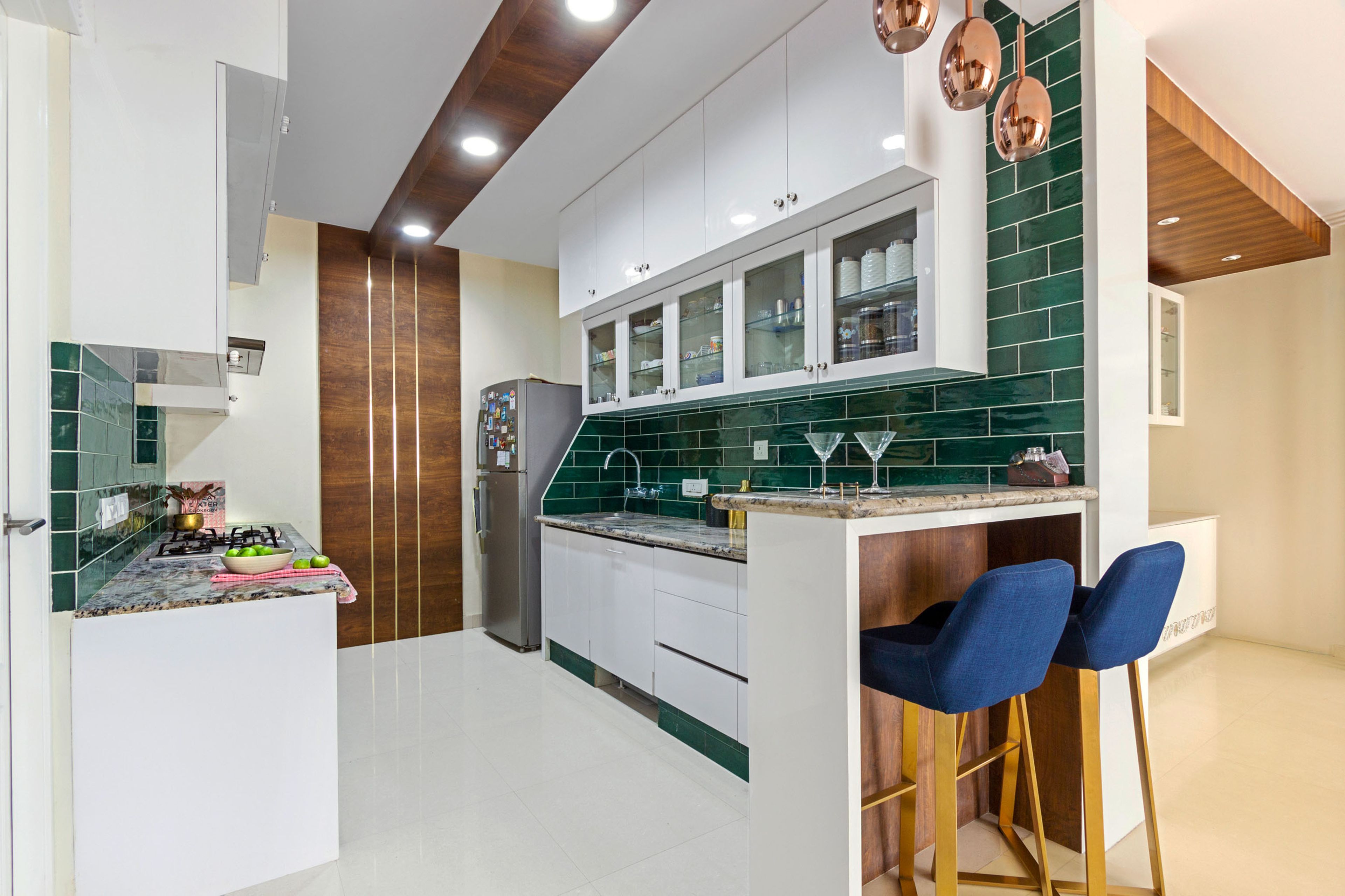 Contemporary 5-BHK Flat In Bangalore With Ornate Spacious Blue And White Master Bedroom