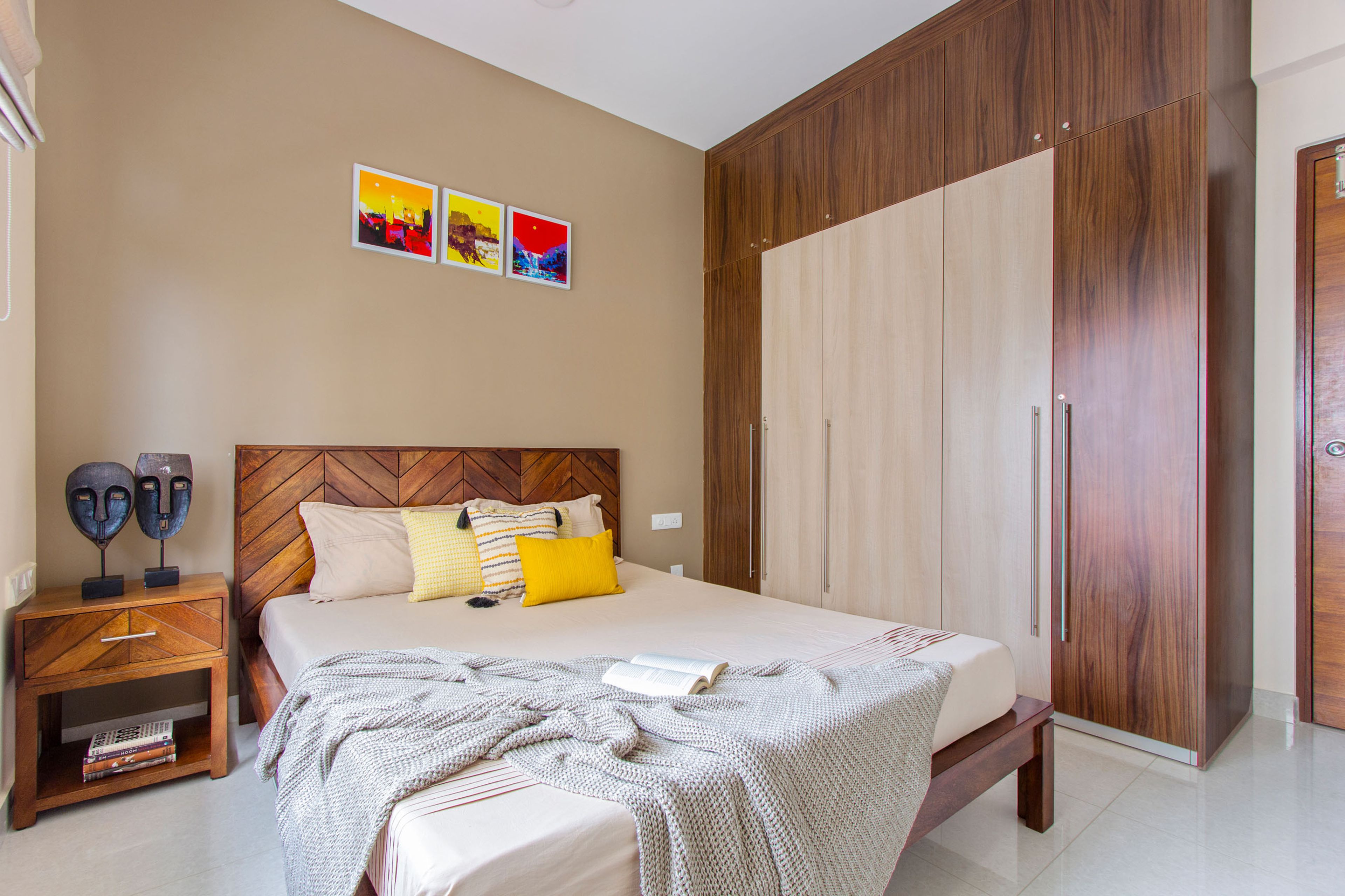 Kids room with light and dark wood 5-door swing wardrobe design with lofts - Livspace