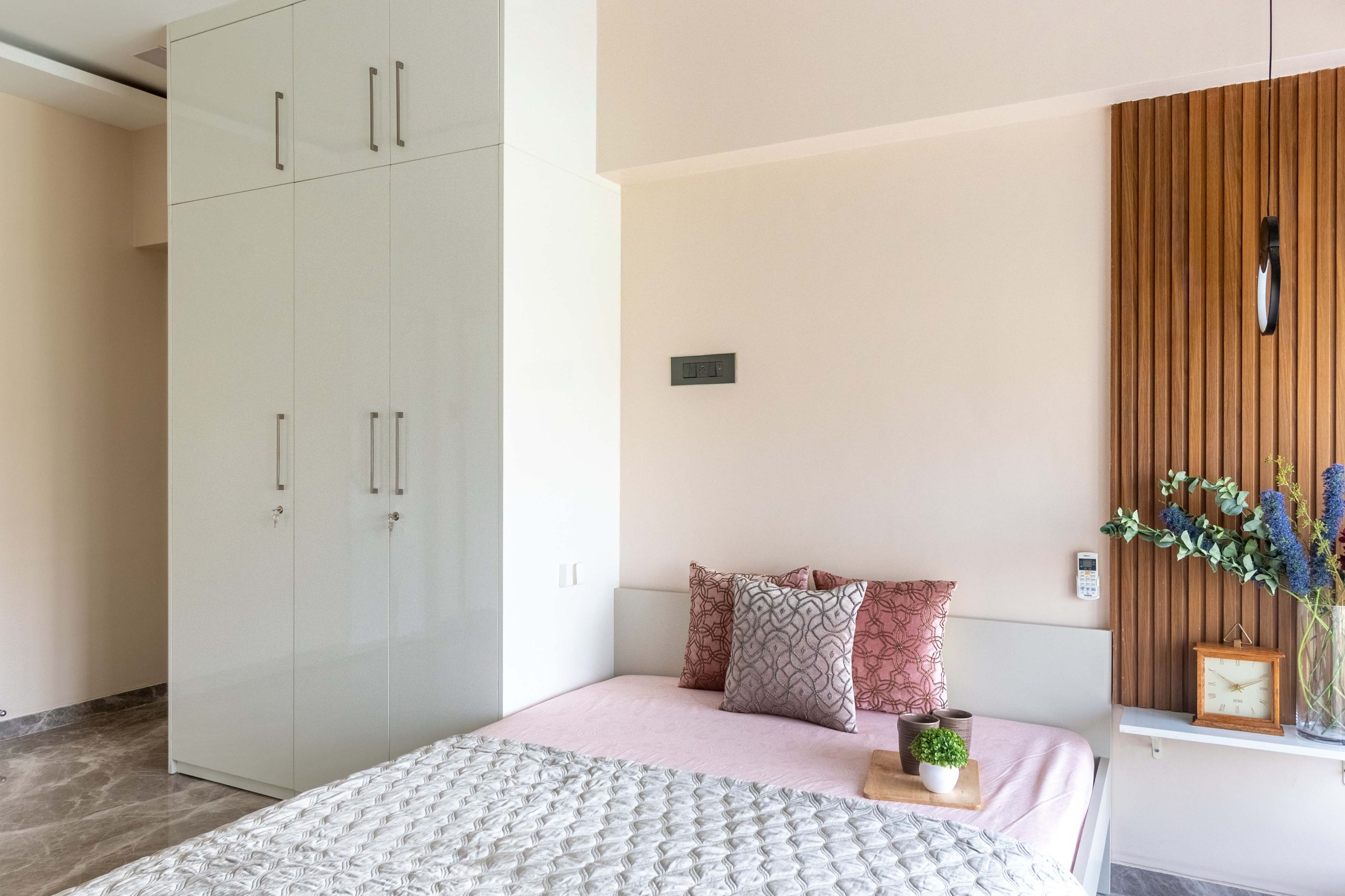 White and brown bedroom with 2-door swing wardrobe - Livspace