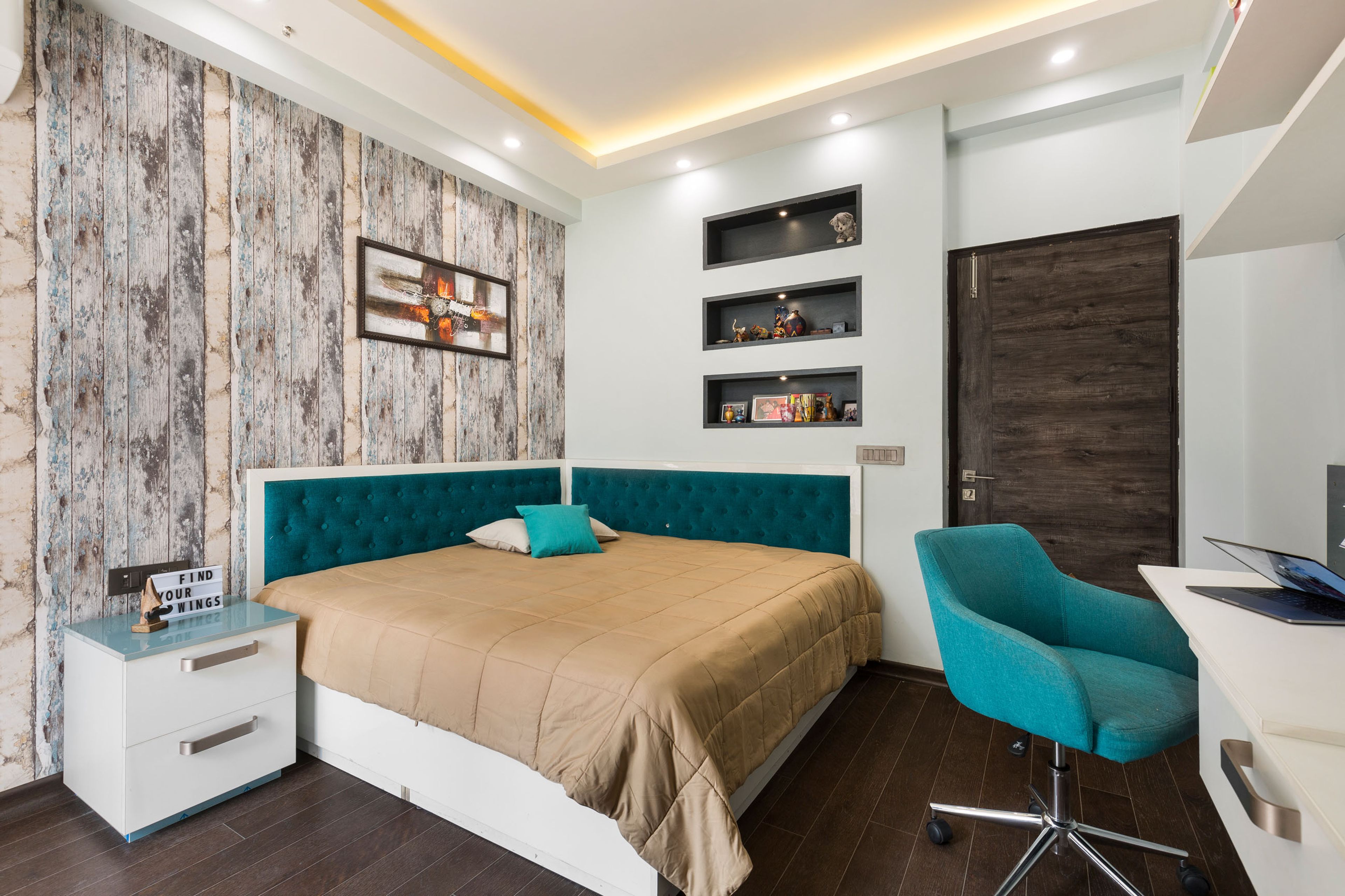 Mid-Century Modern 4-BHK Flat In Noida With Spacious Dual-Tone Living Room Set