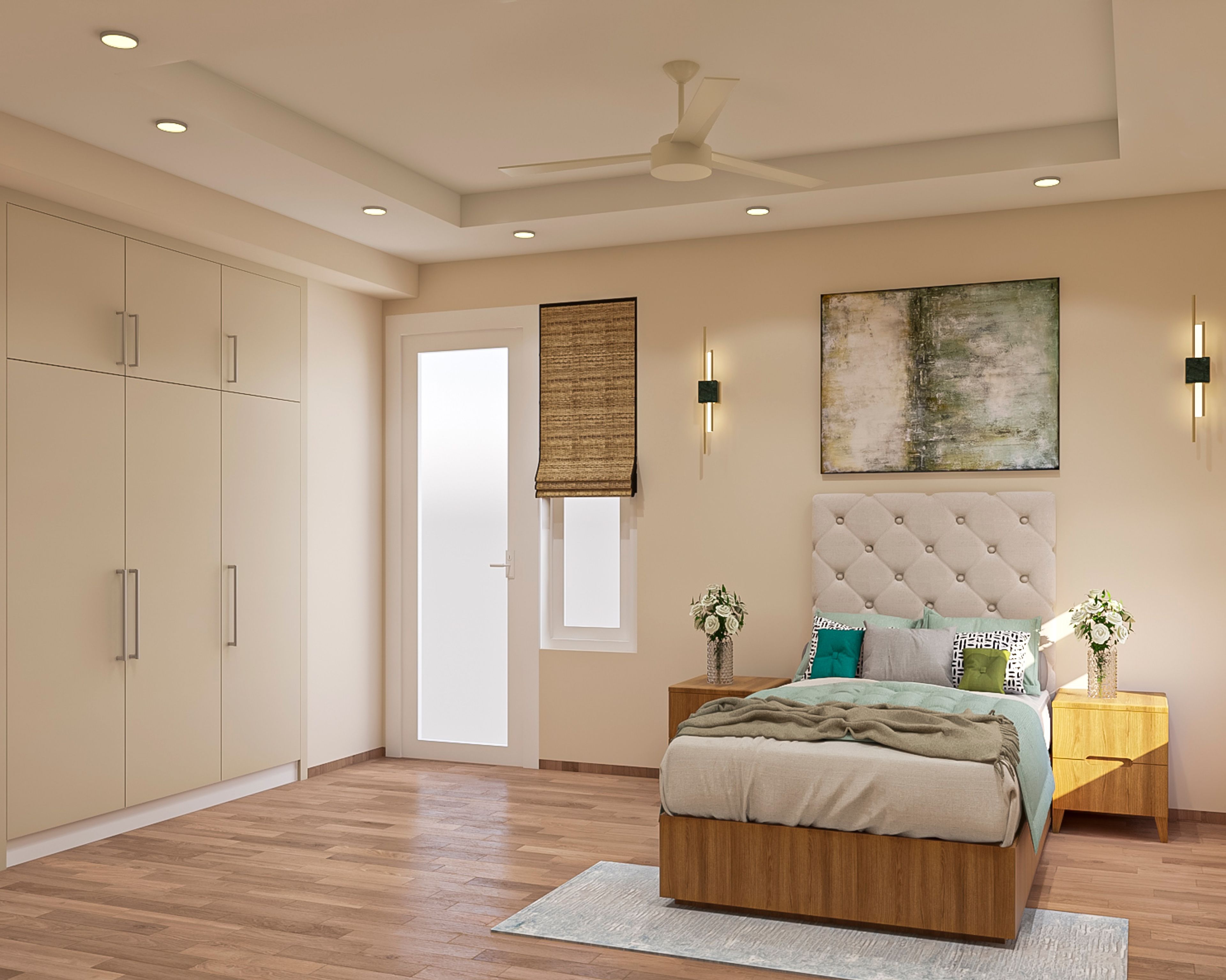 Minimal Beige Kids Room Design With 3-Door Off-White Wardrobe