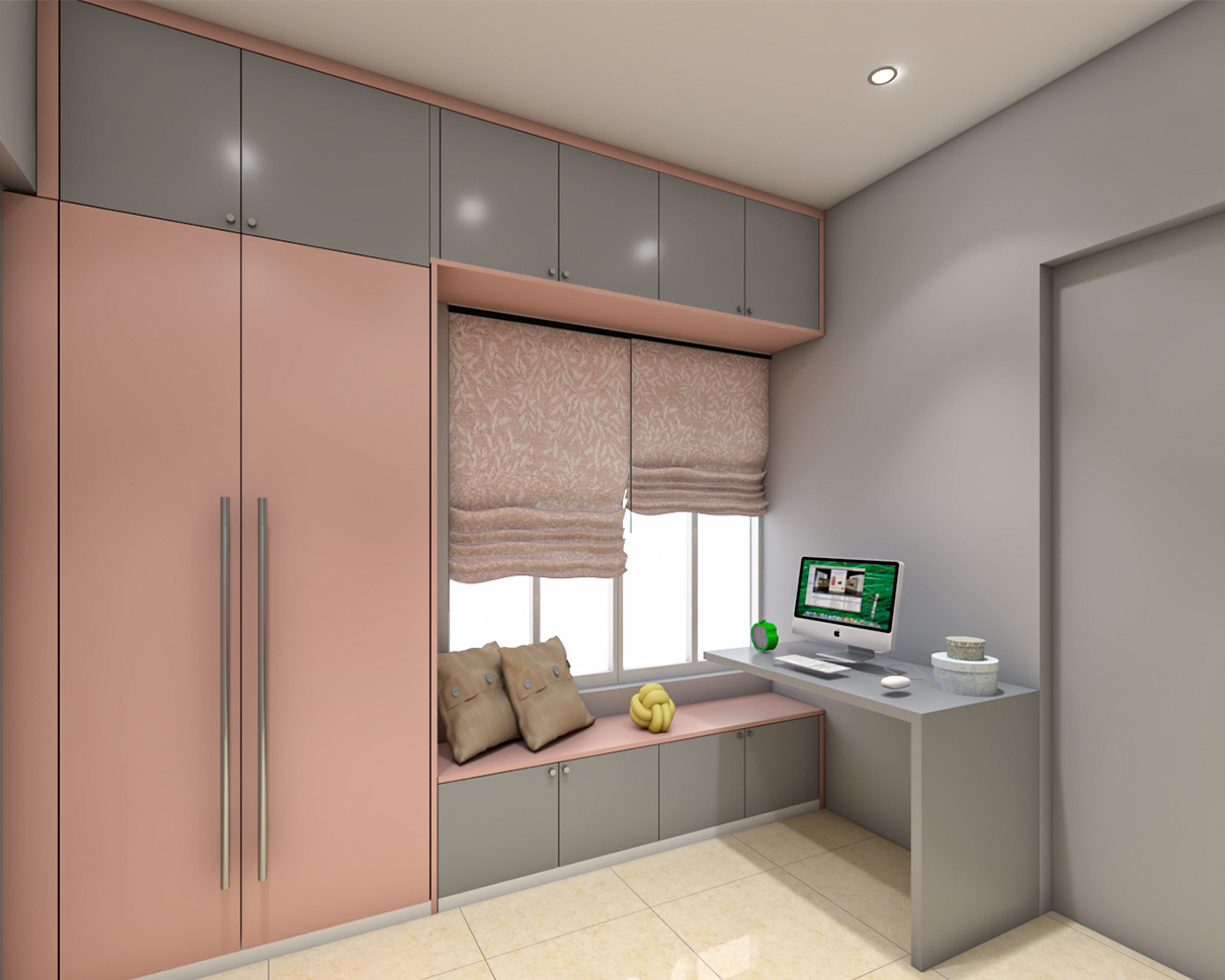 Pink And Grey Kids Room Design For Girls With Bay Seater - Livspace