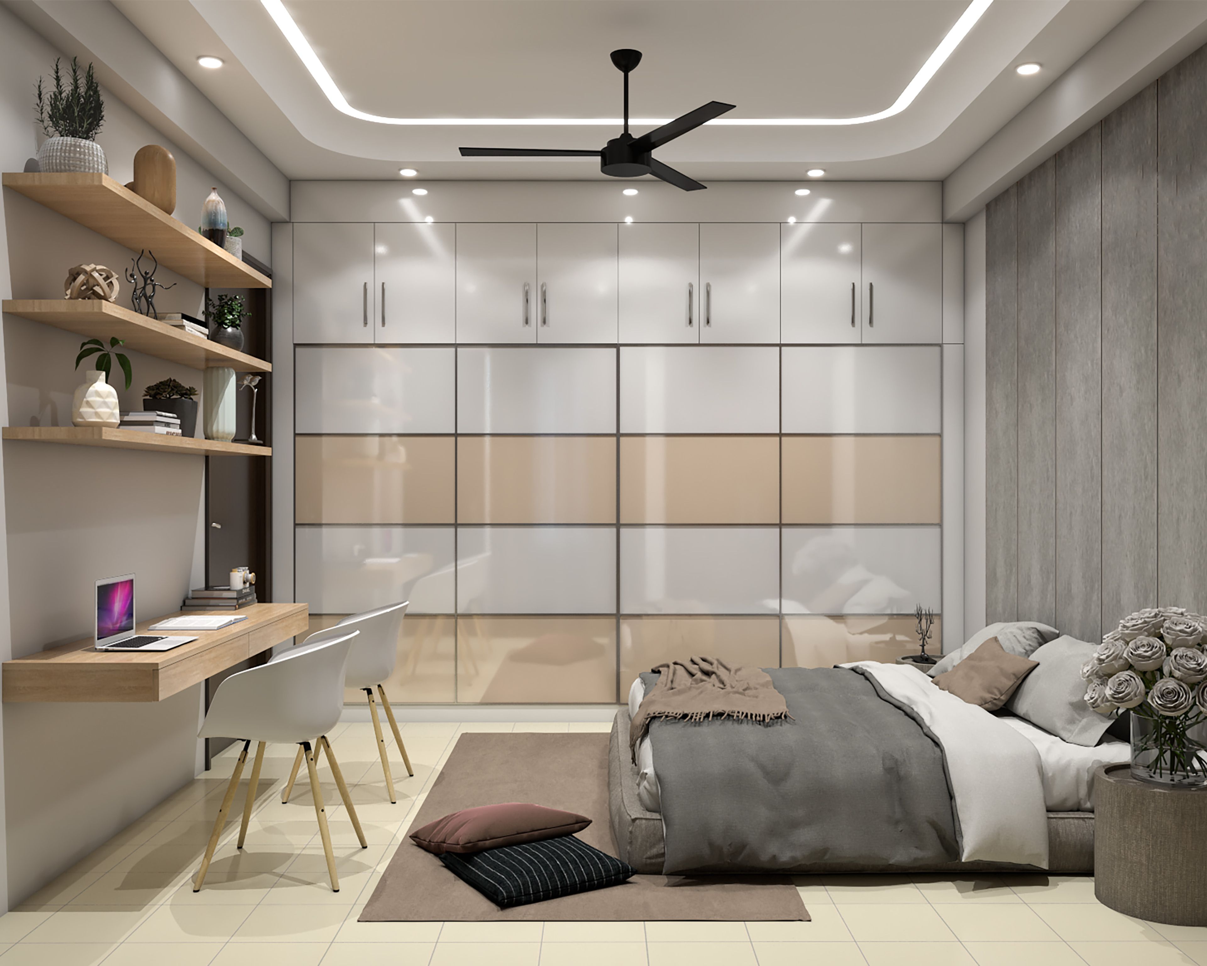 Grey And Beige Kids Room Design With Glossy Sliding Wardrobe - Livspace