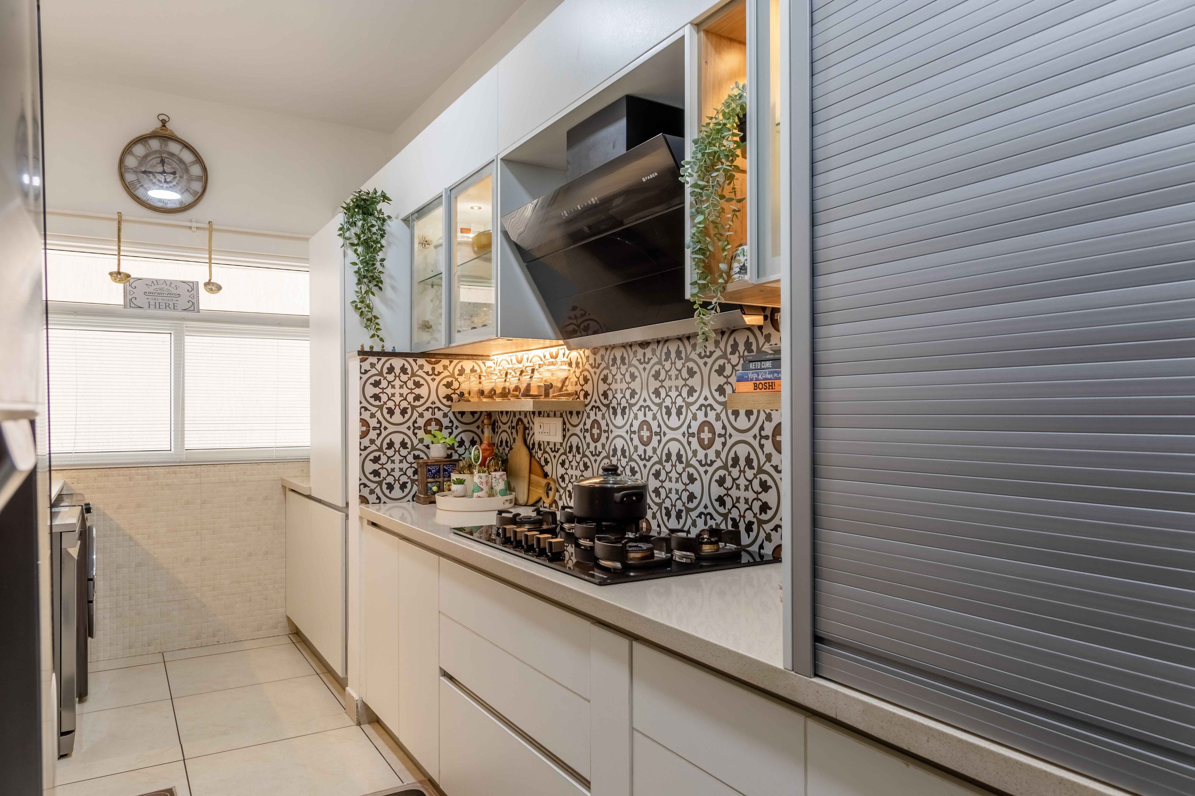 Frosty White Modular Parallel Kitchen Design With Patterned Backsplash - Livspace