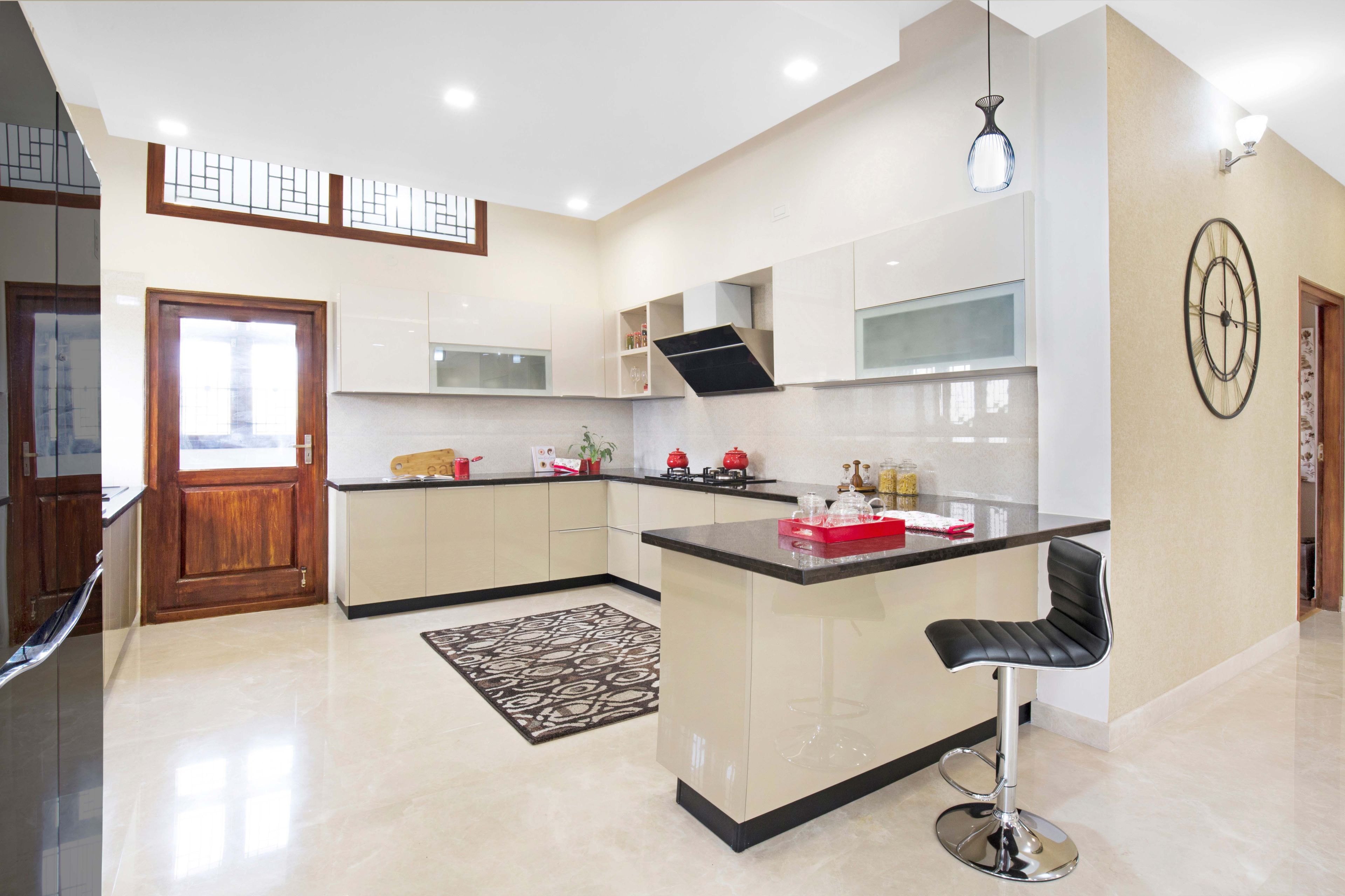 Modular U-Shaped Kitchen Design With Champagne-Toned And Frosty White Cabinets - Livspace