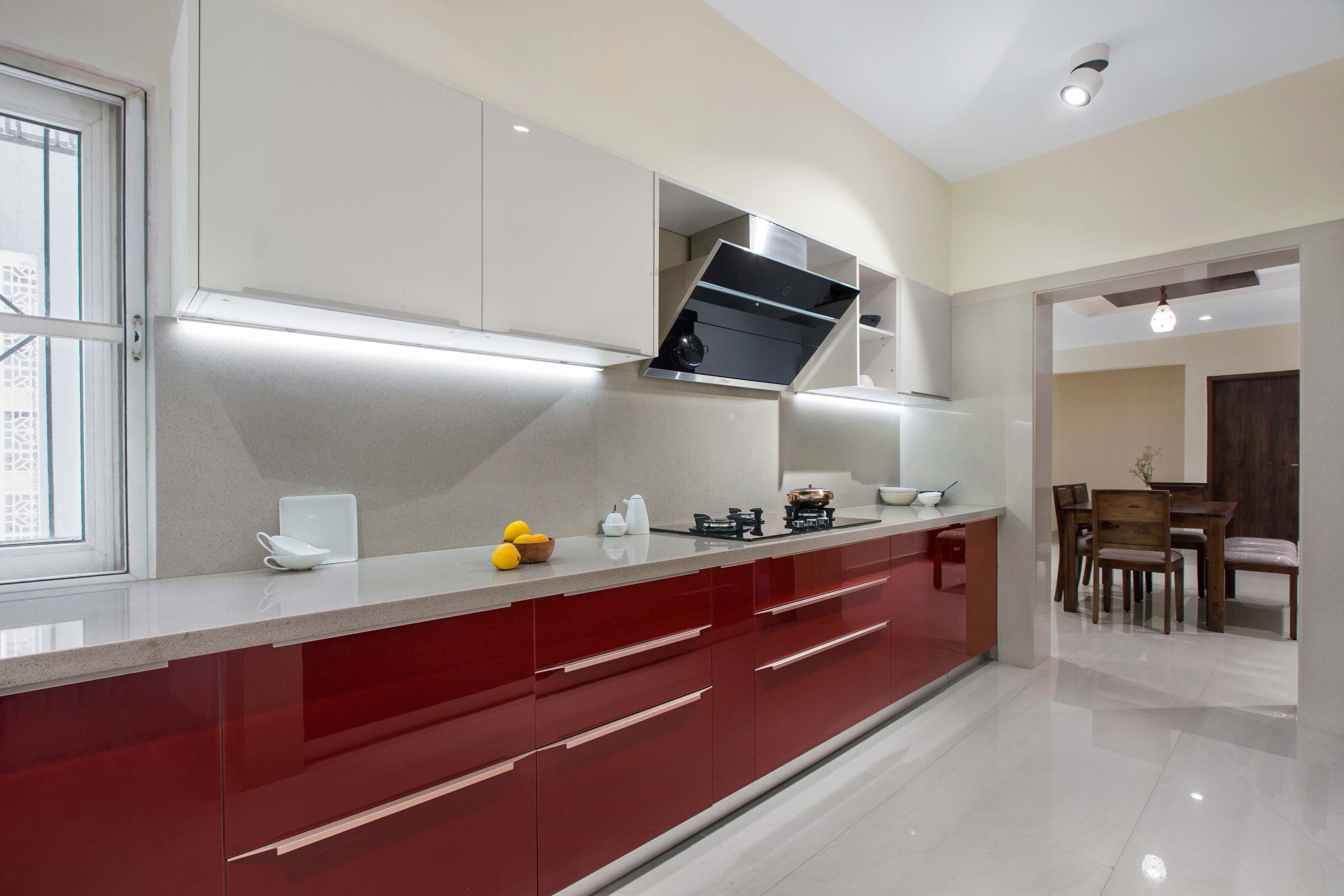 Modern Poppy And White Parallel Modular Kitchen Design