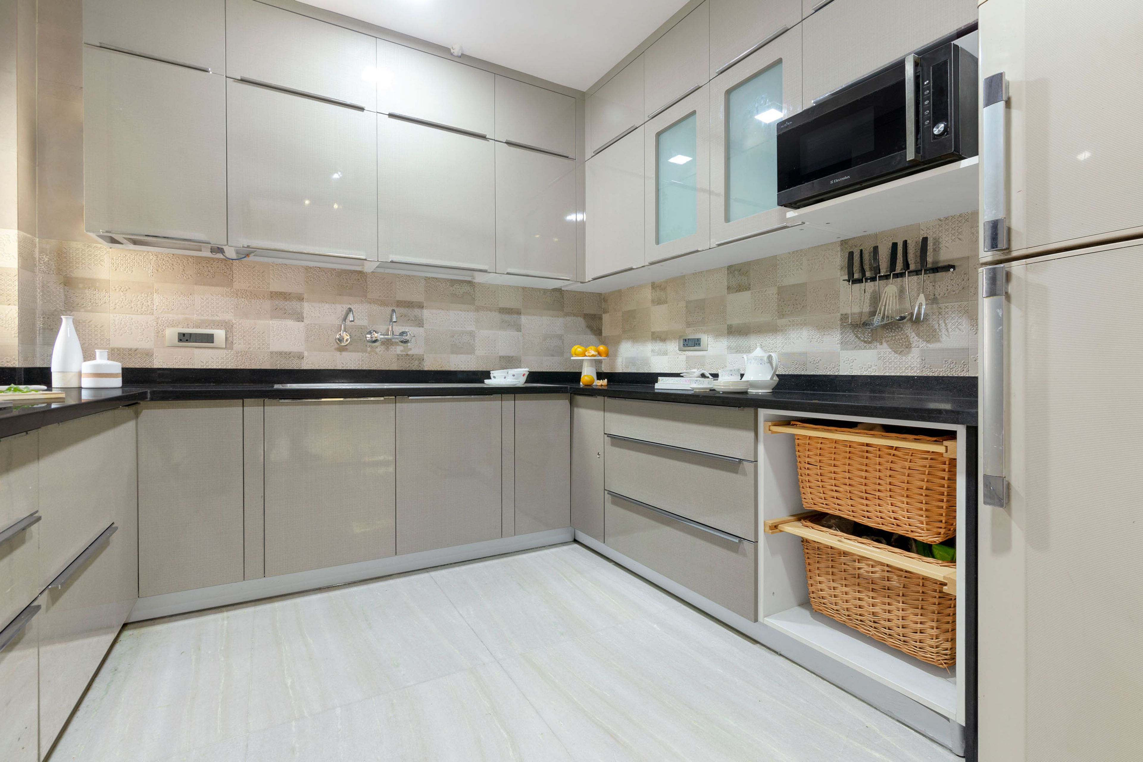 U-Shaped Kitchen Design With Grey And Beige Cabinets - Livspace